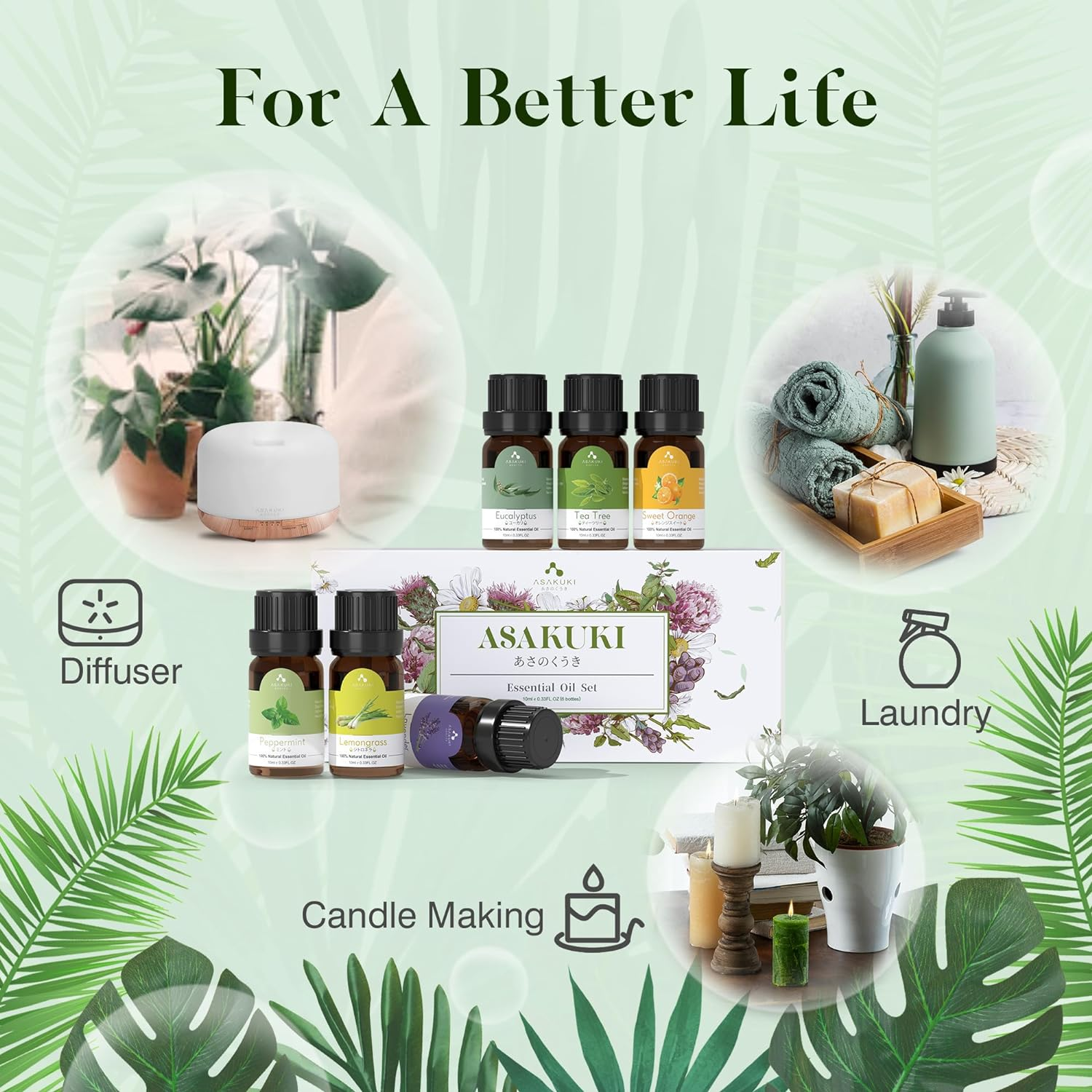 ASAKUKI Essential Oil Diffuser with Essential Oils Set, 500Ml Aromatherapy Diffuser - 14 LED Colors & Auto Shut-Off, Top 6 Essential Oils - Lavender Eucalyptus Tea Tree Orange Peppermint Lemongrass image number 2