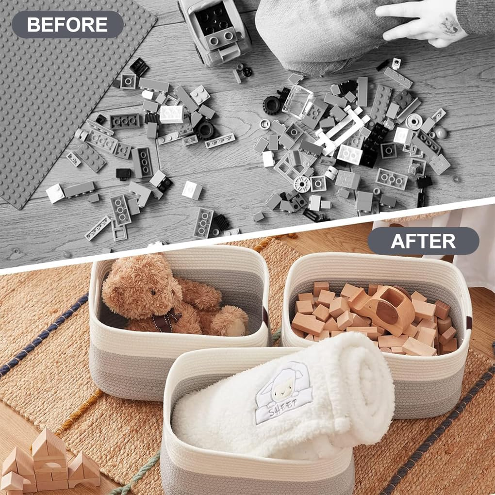 Delsol Cotton Rope Woven Basket, 3 Pack 38X26X23Cm Rectangle Storage Basket with Handle for Living Room, Bathroom, Blanket Clothes Pillows Laundry Hamper, Baby Nursery, Toy Organizer(White & Gray)