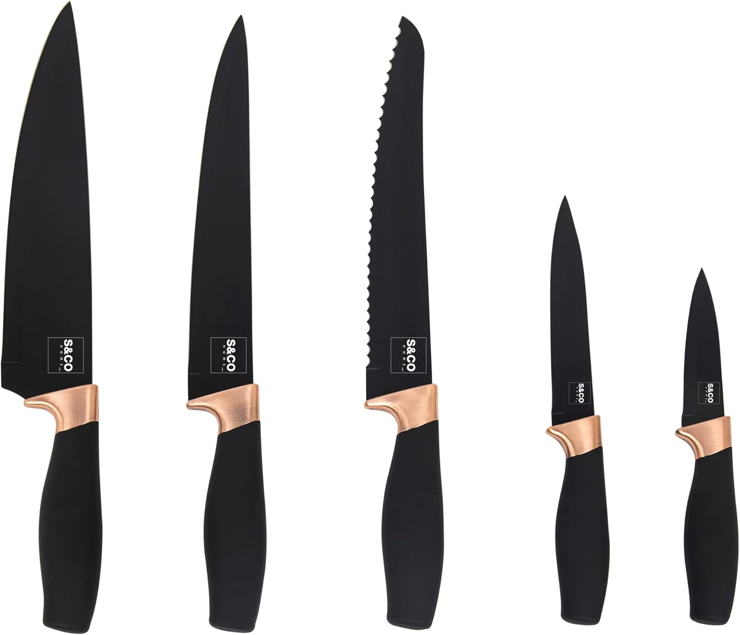 S & Co. 6 Pcs Kitchen Knife Set with Acrylic Block - Super-Sharp Steel Knives with Non-Stick Coating - Chef, Bread, Carving, Utility, Paring Knives - Stylish Cooking Tools with Black, Rose Gold Handle image number 3