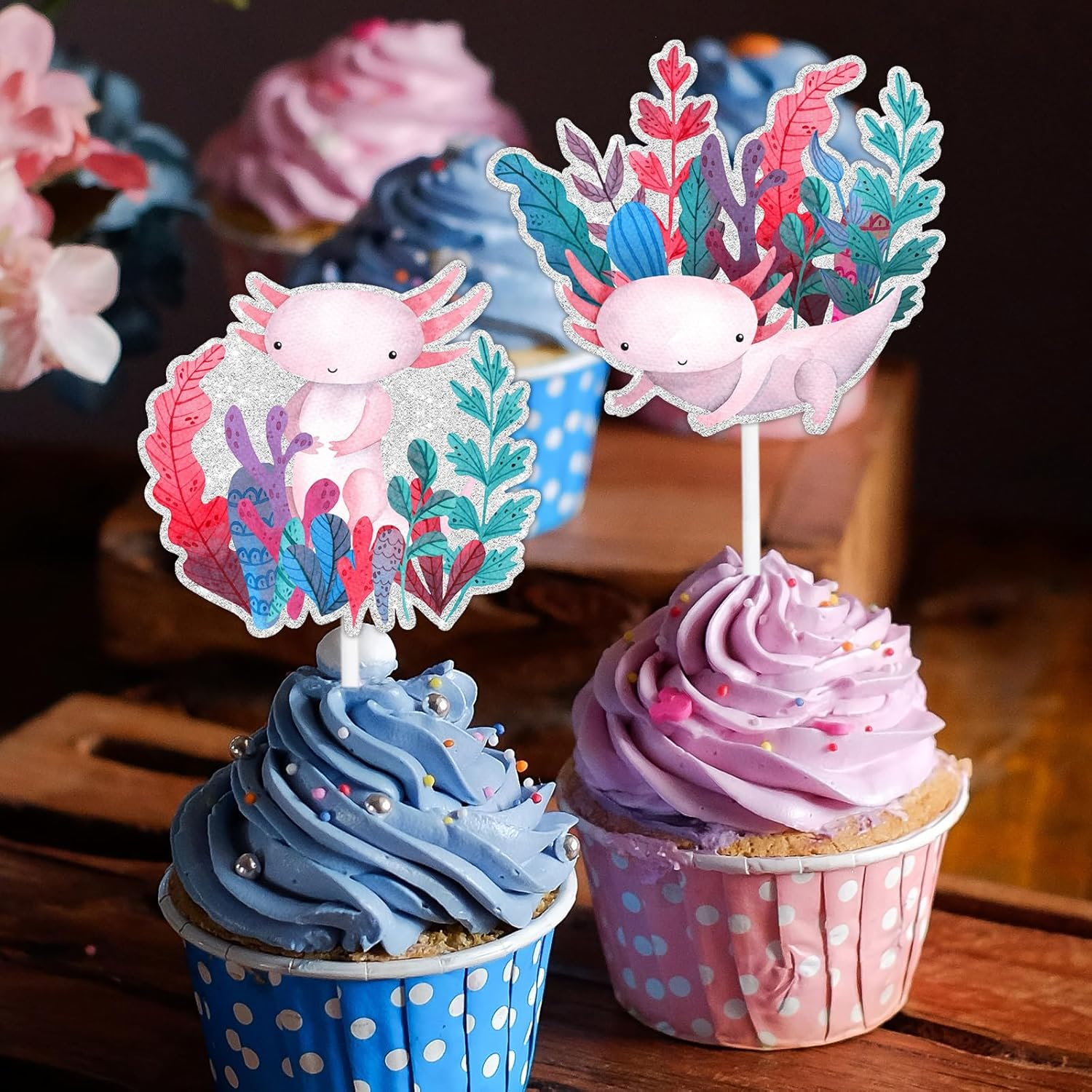 18Pcs Cute Cartoon Salamander Kids Happy Birthday Cupcake Decorations Set-This Is a Great Party Decoration for Reptile Party, Boys and Girls Birthday Party, Newt Theme Party, or Baby Showers-Liangss image number 5