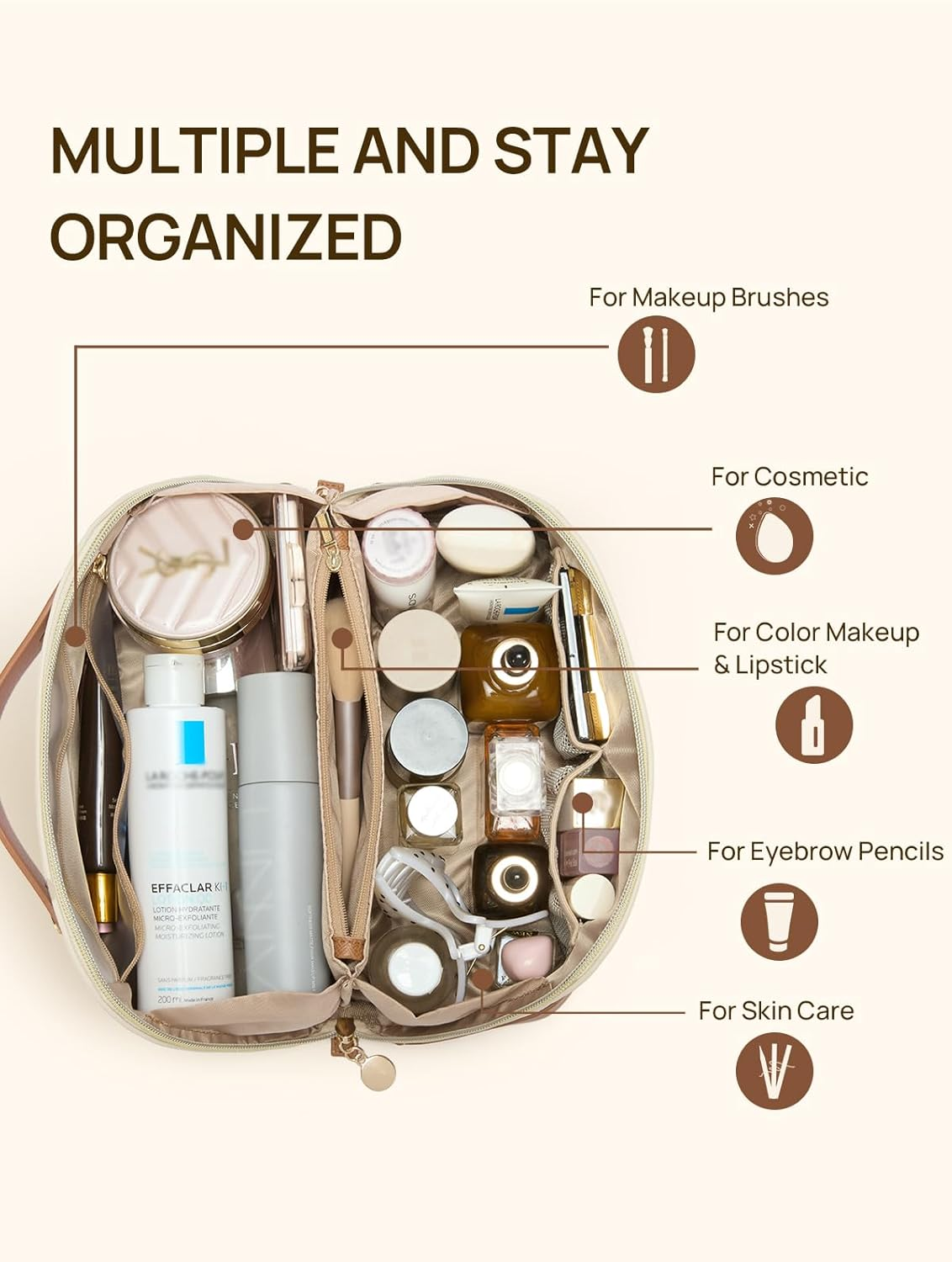 Telena Leather Make up Bag Portable Travel Makeup Bag Waterproof Cosmetic Bags for Women Large Capacity with Handle and Divider Open Flat, 0-Beige with Brown, Stylish - 0-Beige With Brown image number 4