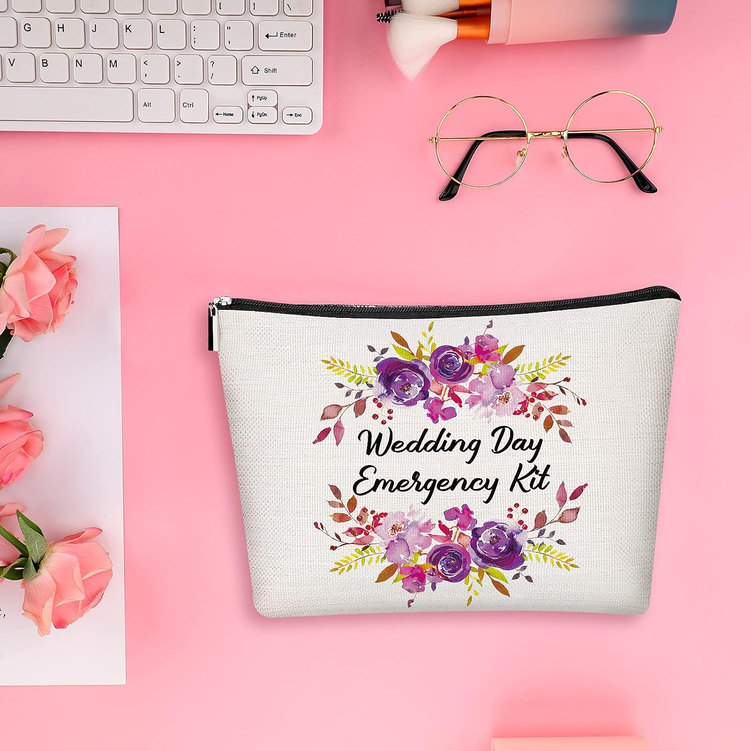 Floral Wedding Emergency Kit for Bride Wedding Survival Kit with Makeup Bag, Bride Kit Bridal Shower Gift Present Fun Engagement Present for Bride Emergency Supplies image number 1