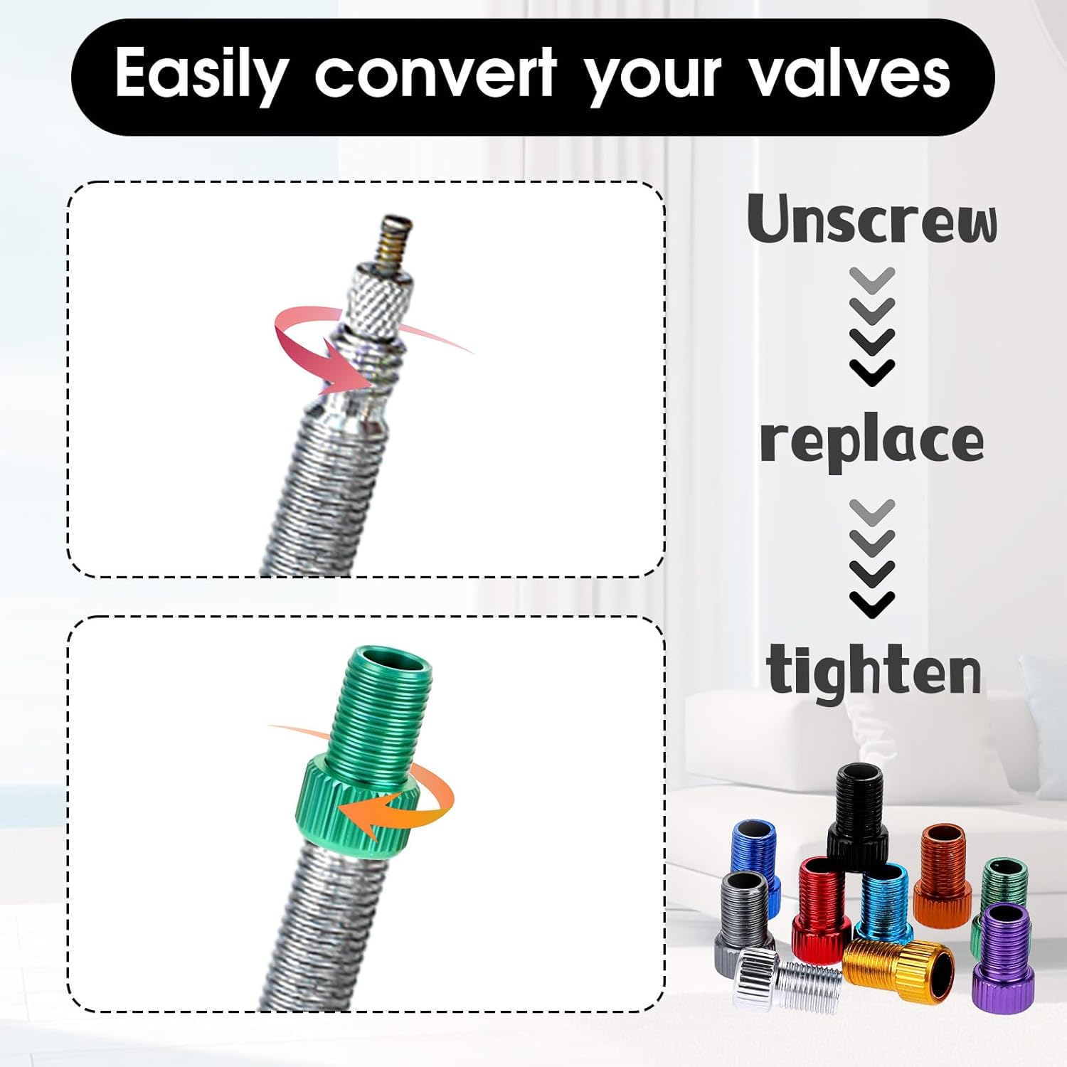 20 Pcs Aluminum Presta Valve Adaptor, Convert Presta to Schrader, French UK to Us Adaptor Universal Inflate Tire Using Standard Pump or Air Compressor Bike Inflatable Connector (10 Colors) image number 1