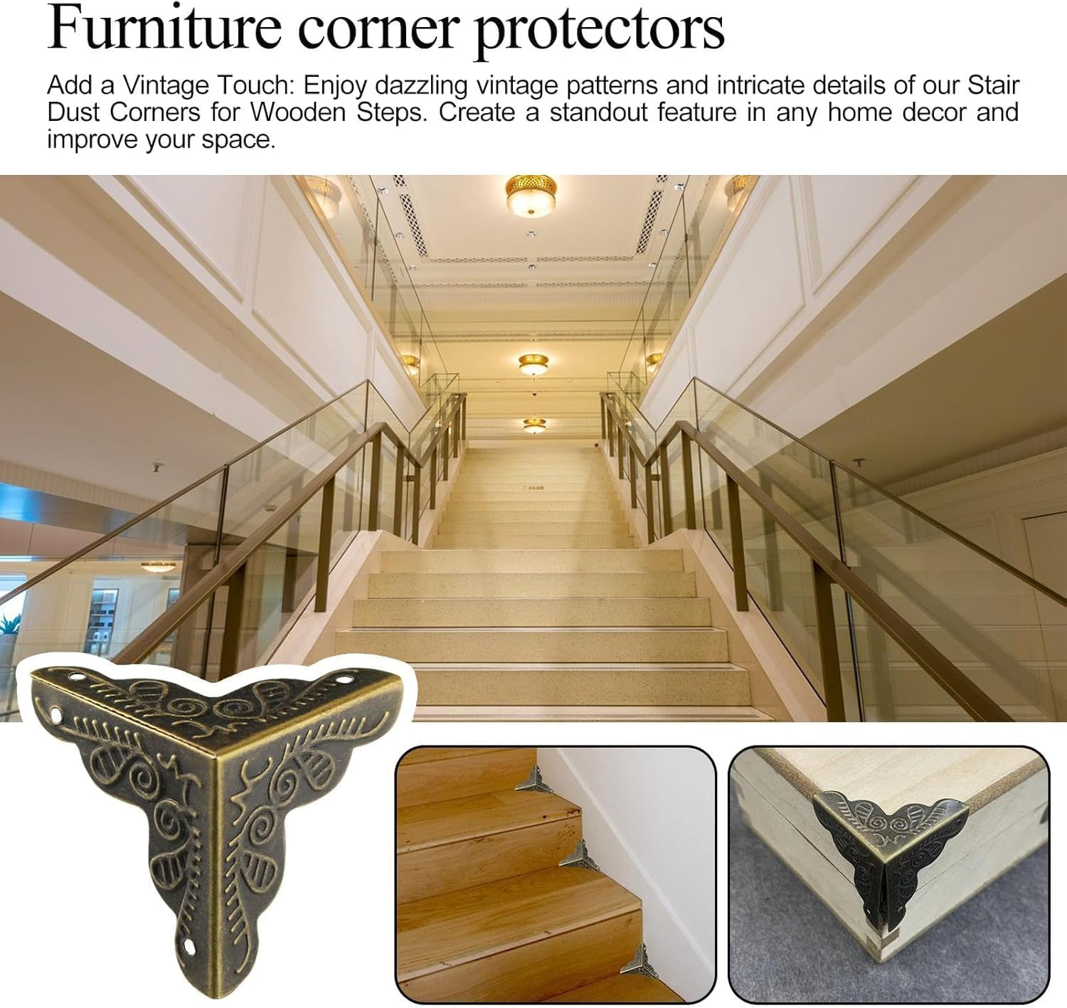 50Pcs Triangle Rattan Carved Wood Case Edge Guard, Vintage Stair Dustcorners Metaldecorativecorner Protector,Stair Dustcorners Antiquecorner Decorative Corner Stair Cornerdust Guards with Screw,Brown image number 3