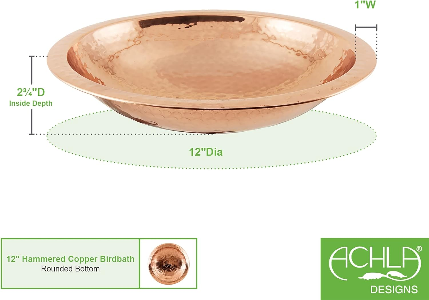 Achla Designs 201-9904 Hammered Bowl with Rim Birdbath, Polished Copper Plated image number 4