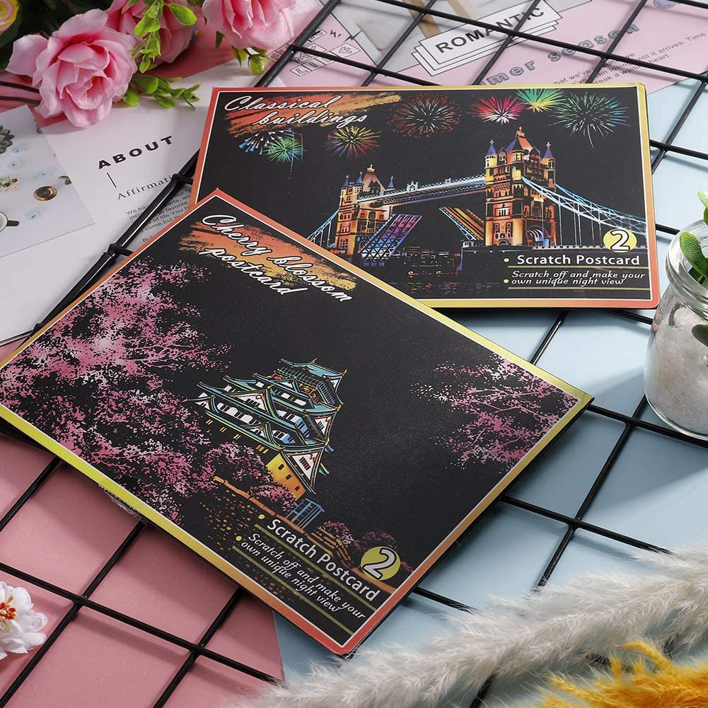 20 Sheets Rainbow Night View Scratch Paper for Arts and Crafts Famous City Landmarks Tool Kit A5 Size image number 3