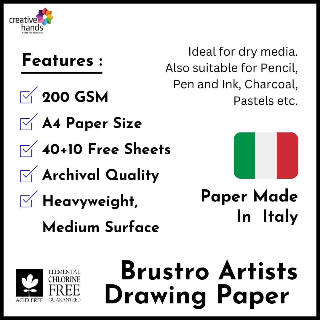 BRUSTRO A4 Drawing Paper Sheet - 200 GSM | Ideal for Graphite, Charcoal, Pastels, Watercolor, Sketching, Colouring, School Assignments, and Office Work | 8.3 X 11.7 Inches | Pack of 40 + 10 Free |50 Sheets image number 3