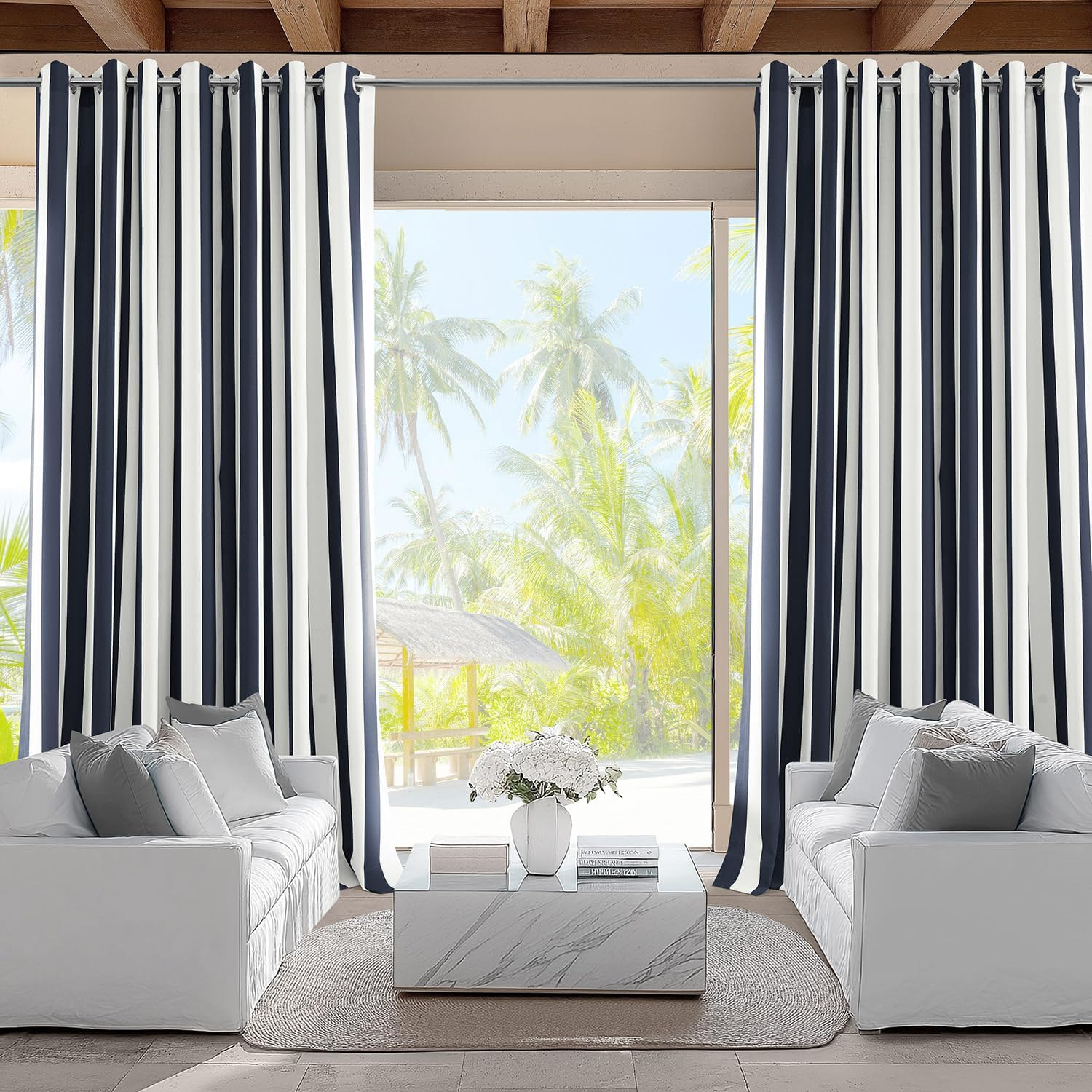 HPD Half Price Drapes Villanova Striped Grommet Outdoor Curtains for Patio (1 Panel) - UV & Water Resistant Light Filtering 200 GSM Polyester Curtains - 50W X 84L, Nautical Navy Blue Stripe image number 4