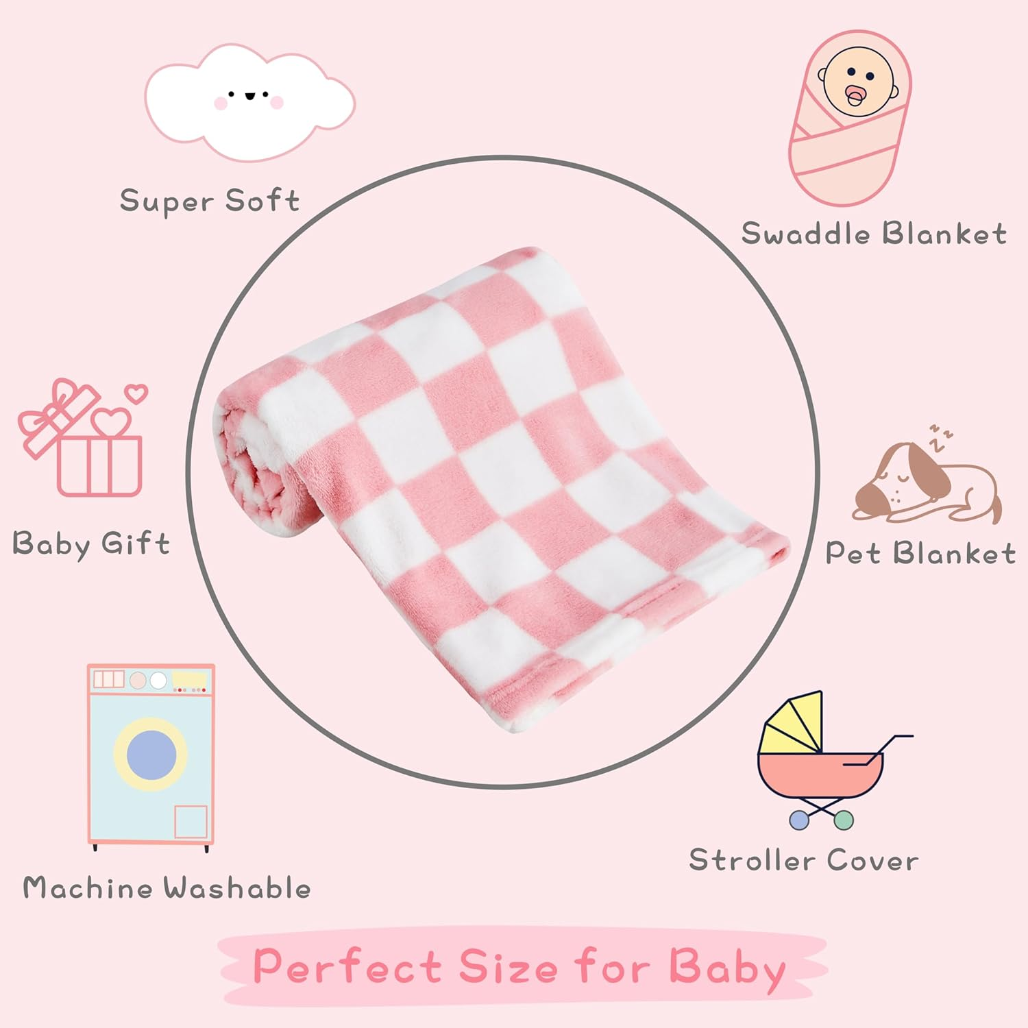 Yurhap Checkered Baby Blanket for Girls Pink Fleece Baby Blankets for Girls Boys, Warmer Comfort Lightweight Bed Blanket for Toddlers Infants or Newborn, 30''X40'', Pink image number 1