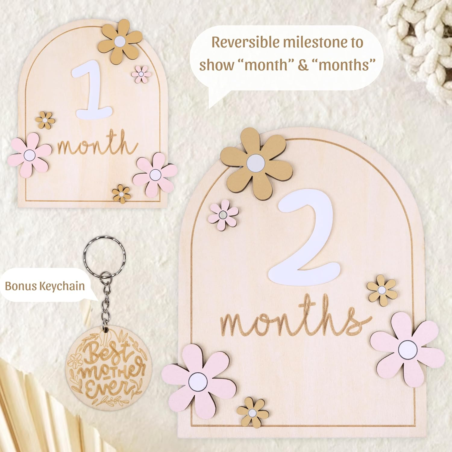 Monthly Baby Milestone Signs - Baby Monthly Milestone Wooden Circles for 1-12 Month Photos & Gender Neutral Announcement Cards (Flower) image number 6