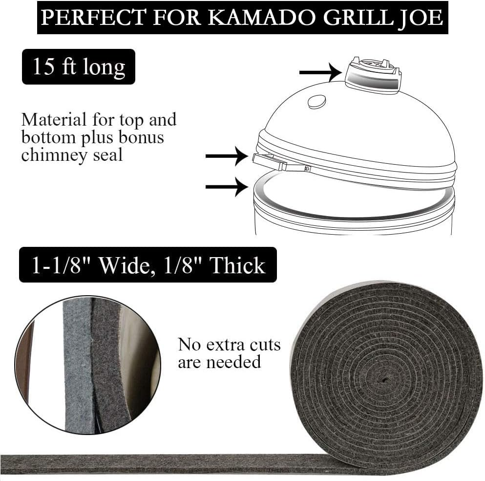 High Temp Grill Gasket Replacement Fit Kamado Joe Classic and Big Joe BBQ Smoker Gasket Pre-Shrunk Accessories Self Stick Felt 15Ft Long, 9/8" Wide, 1/8" Thick image number 1