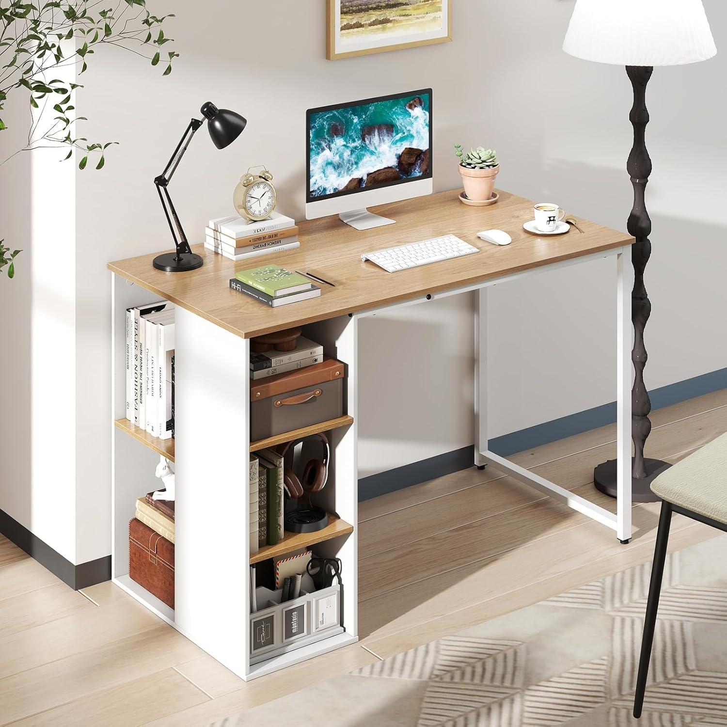 Giantex 115Cm Computer Desk, Modern Home Office Desk with 5 Storage Compartments, Multipurpose Writing Desk PC Workstation, Laptop Desk with Heavy-Duty Metal Frame for Study Room, Bedroom image number 2