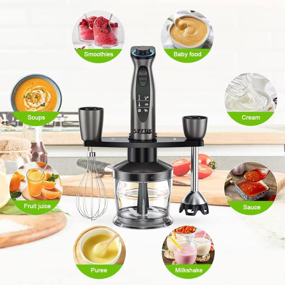 Hand Stick Blender, 7 in 1 Immersion Blender Handheld, 12 Speed Mode Handheld Blender Stainless Steel Blade, 600Ml Mixing Beaker, 500Ml Chopper, Whisk and Milk Frother image number 2