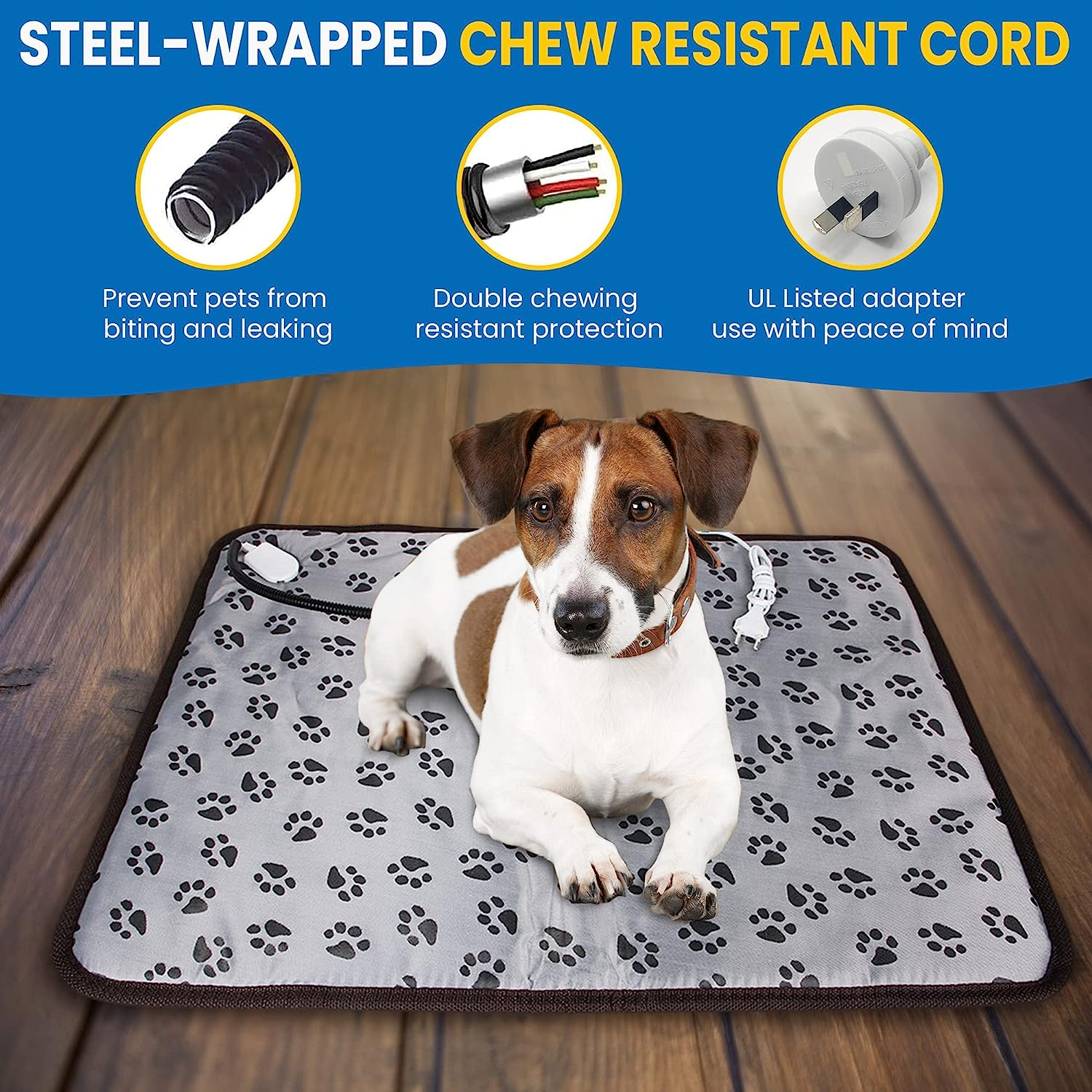 Ozzycozy Waterproof Pet Heated Mat for Cats and Dogs, Remote Controlled Heating Pad with Indicator, Bite-Resistant Cable - Gray Footmark Design, 45X45Cm, （Free Bonus: Pet Frisbee Toy）