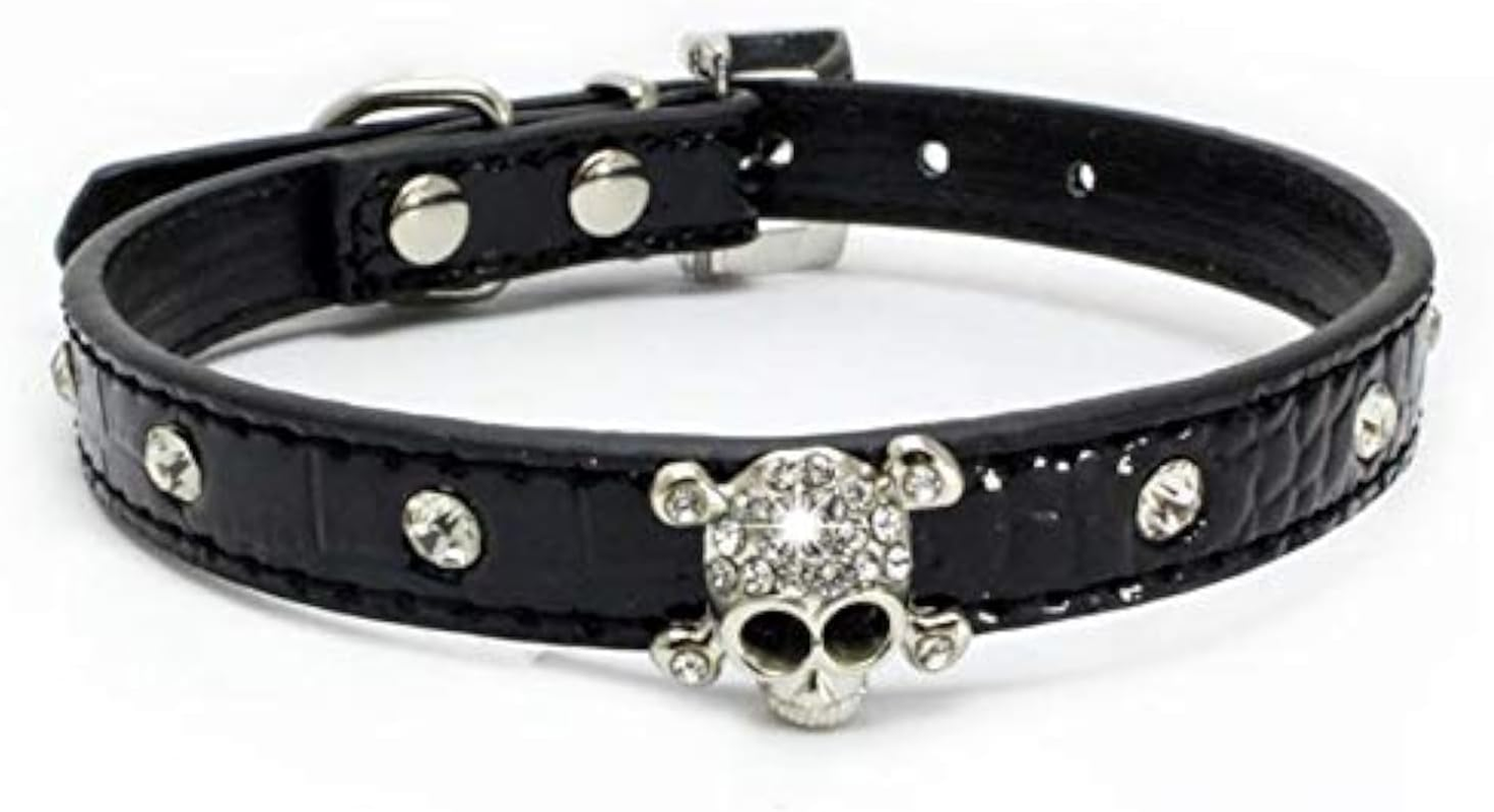 Haoyueer Cute Dazzling Sparkling Elegant Fancy Skull Diamond Crystal Rhinestone Leather Small Pet Dog Cat Collar Puppy &hellip; (M, Black)