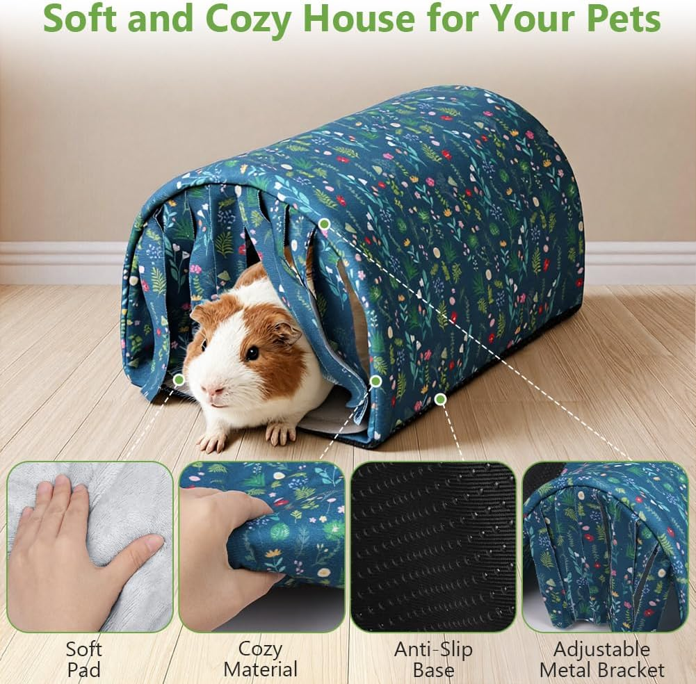 HOTUT Guinea Pig Bed Rabbit Hideout,Guinea Pig Tunnel,Small Animal House Cage Accessories with Curtains,Warm Guinea,With Removable Cushion,Anti-Slip,For Chinchillas,Hamsters,Dwarf Rabbits - Dark Blue image number 4