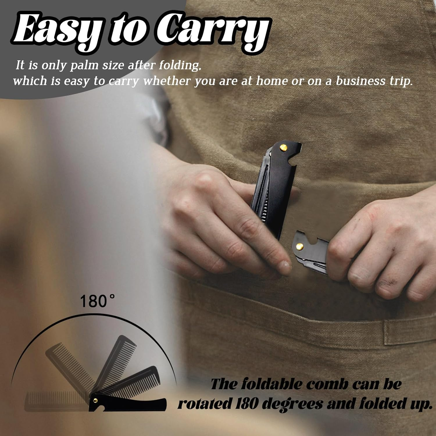 Realand 2Pcs Folding Pocket Beard Comb for Men - Fine Tooth & Wide Tooth Hair Comb with Stainless Steel Cover, Small Travel Comb for Styling Hair, Beard or Mustache (Black)