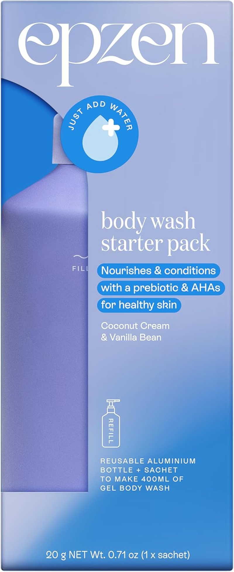 Epzen Coconut Cream & Vanilla Bean Body Wash Starter Pack - Organic Powder-To-Gel with AHA, Inulin, Oatmeal - Non-Stripping, Luxurious Lather &ndash; Refillable image number 6