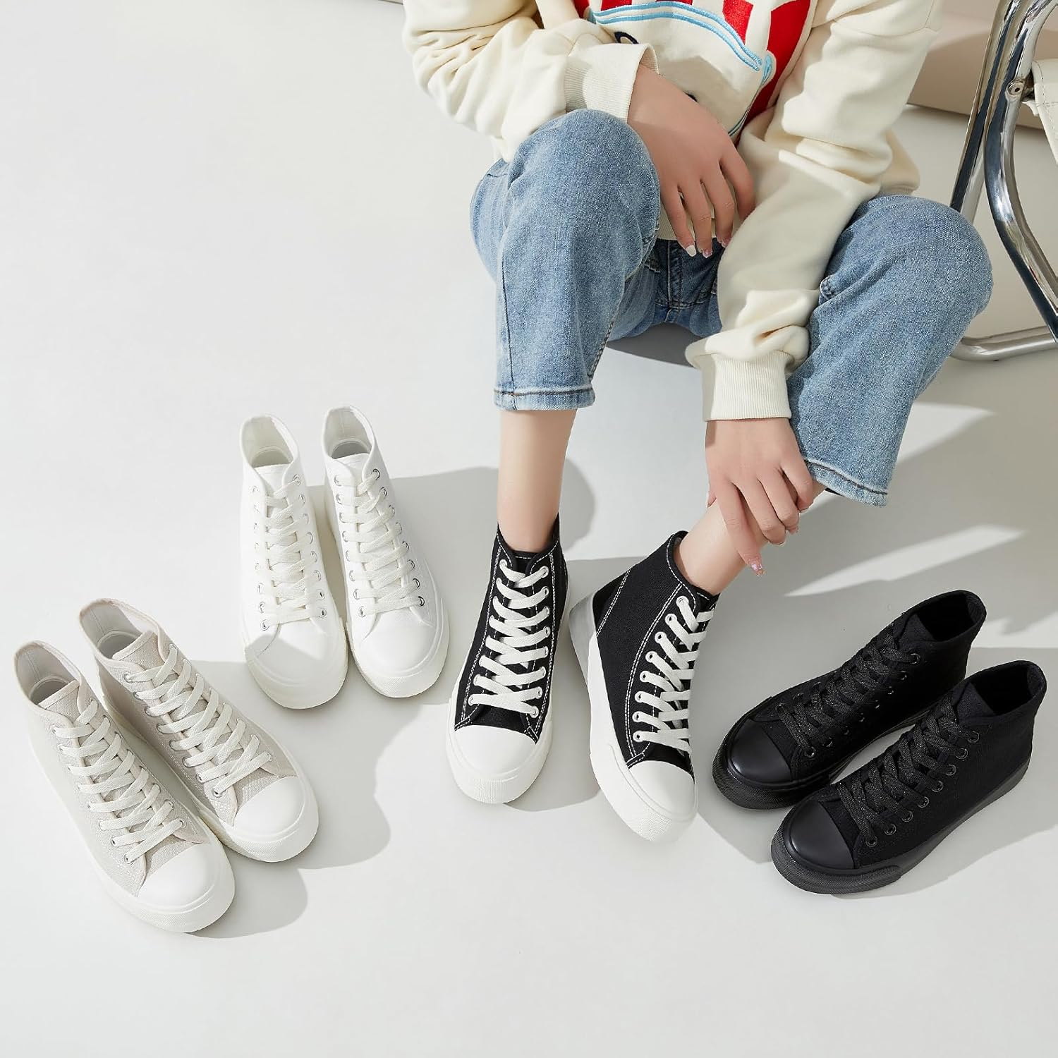 Uoidru High Top Sneakers for Women Canvas Shoes White Canvas High Tops Women Casual Shoes Lace up Fashion Sneakers image number 4