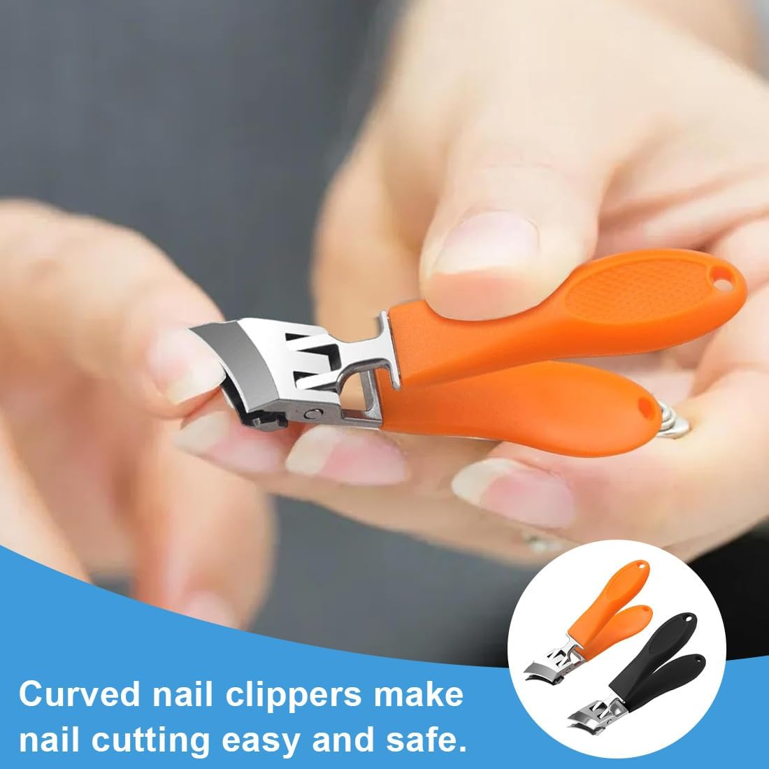 VYIBPDY Pack of 2 Curved Nail Clippers, 2025 Angled Fingernail Clippers, Oblique Nail Clippers, Ergonomic No Splash Self-Collecting Nail Cutter, Wide Opening (Orange and Black), A, A image number 4
