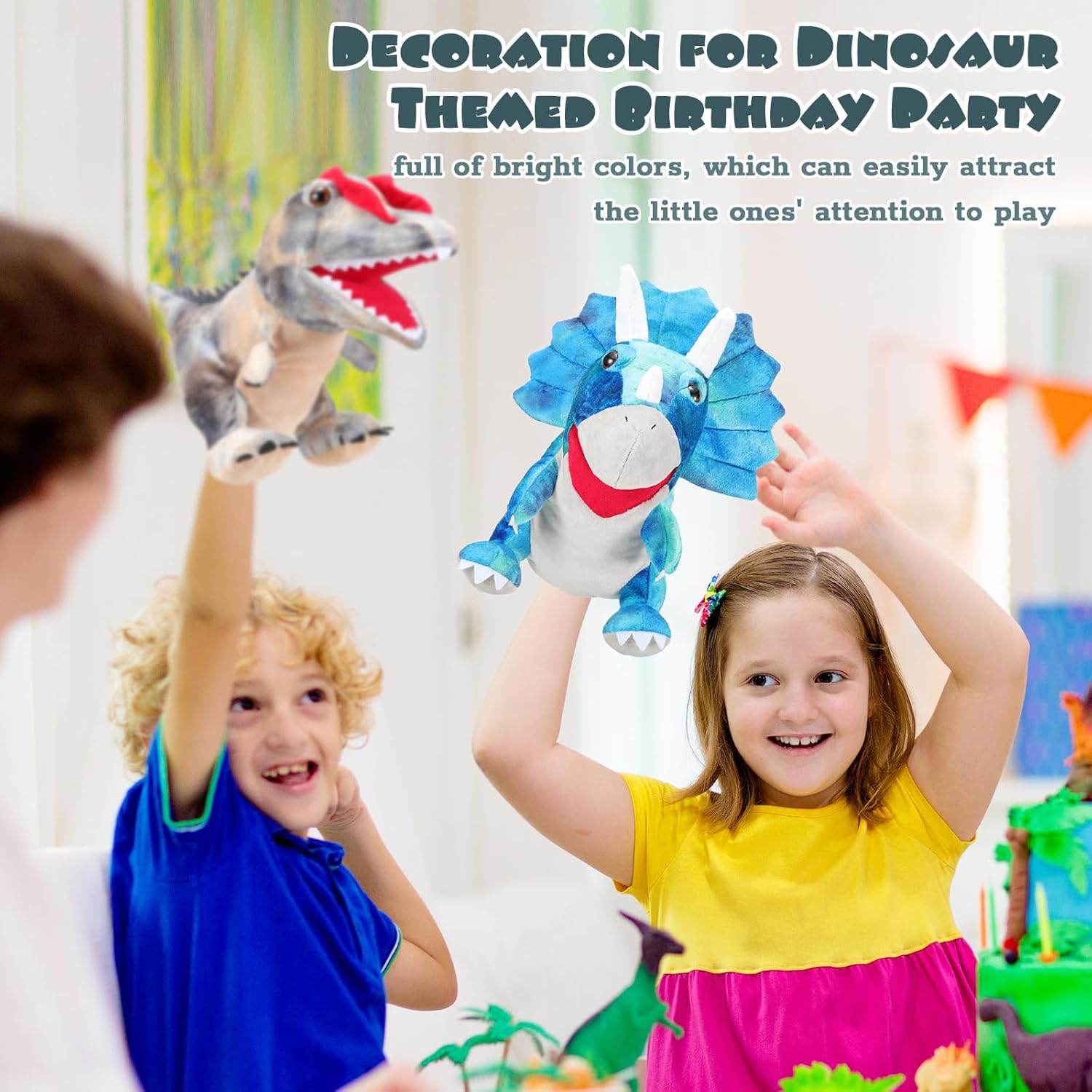 Silipull 3 Pieces Dinosaur Hand Puppets 12 Inch Plush Stuffed Animals Puppet Dinosaur Soft Toys for Animal Storytelling, Teaching, Preschool, Role Play (Tyrannosaurus, Triceratops, Dilophosaurus) image number 2