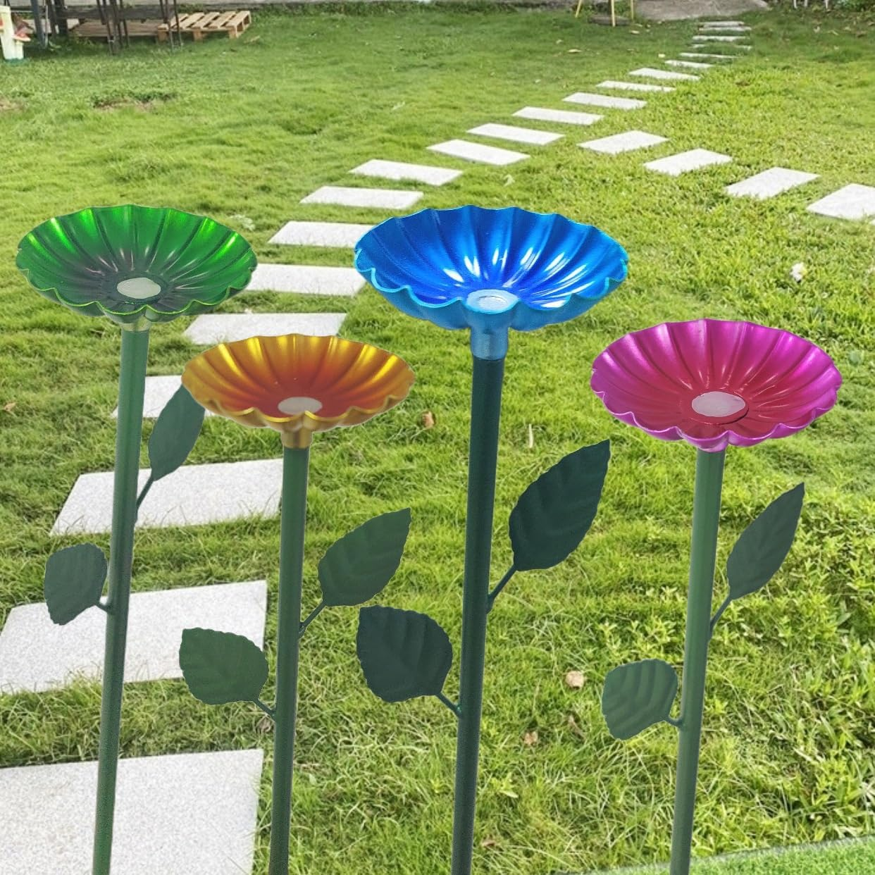 4 Pack Bee Cups for Garden Metal Bee Water Feeder with Vivid Flower Design, Bee Watering Station, Colorful Butterfly Bath Bowl Bee Cups for Outdoor Garden Yard Decor (Green,Red,Yellow,Blue) image number 3