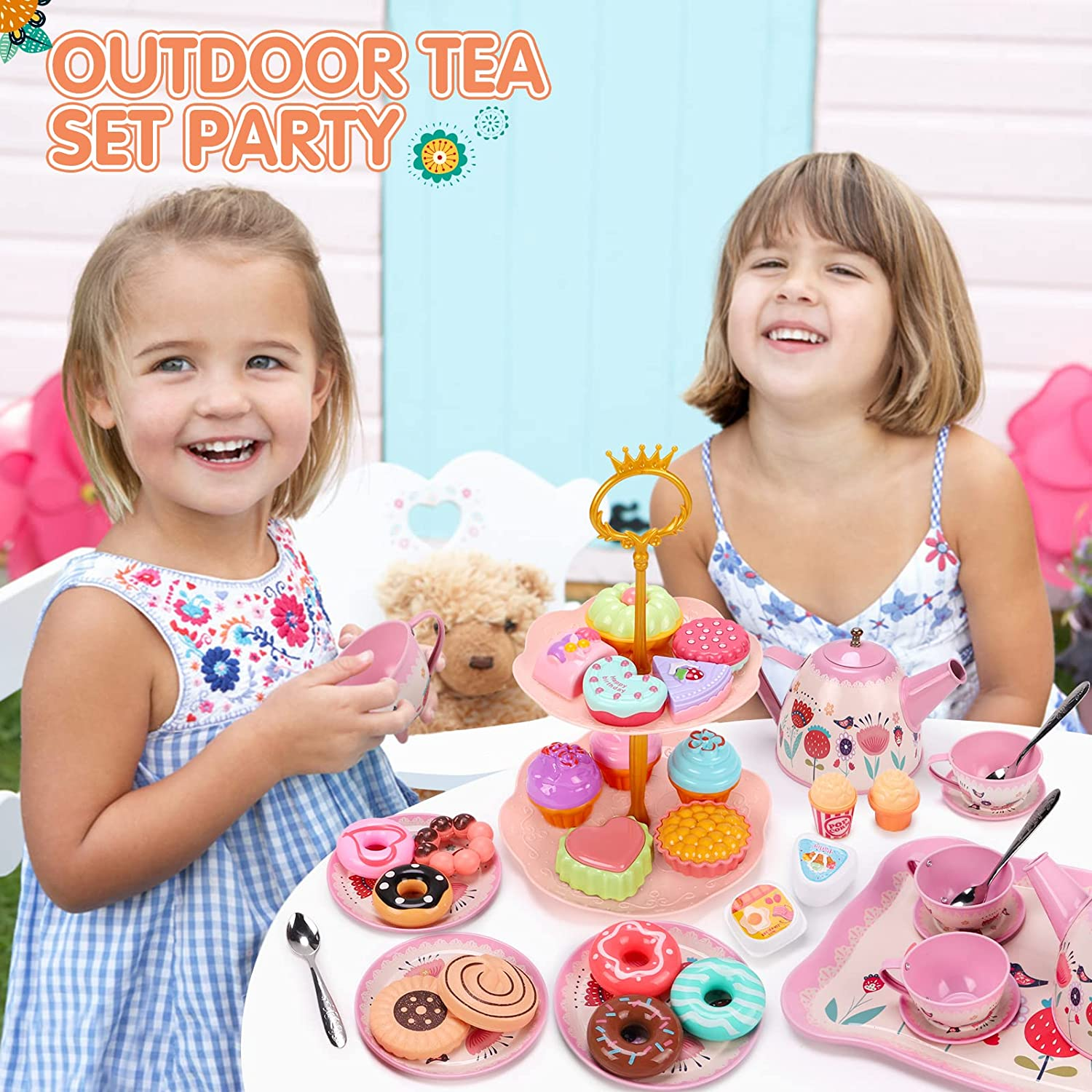 REMOKING 45 PCS Kids Tea Party Set for Little Girls,Tea Set Including Pretend Tin Teapot,Dessert,Cookies,Doughnut,Ice Cream, Kids Kitchen Pretend Play Playset,3 4 5 6 7 Year Old Boys Girls Gifts Toy
