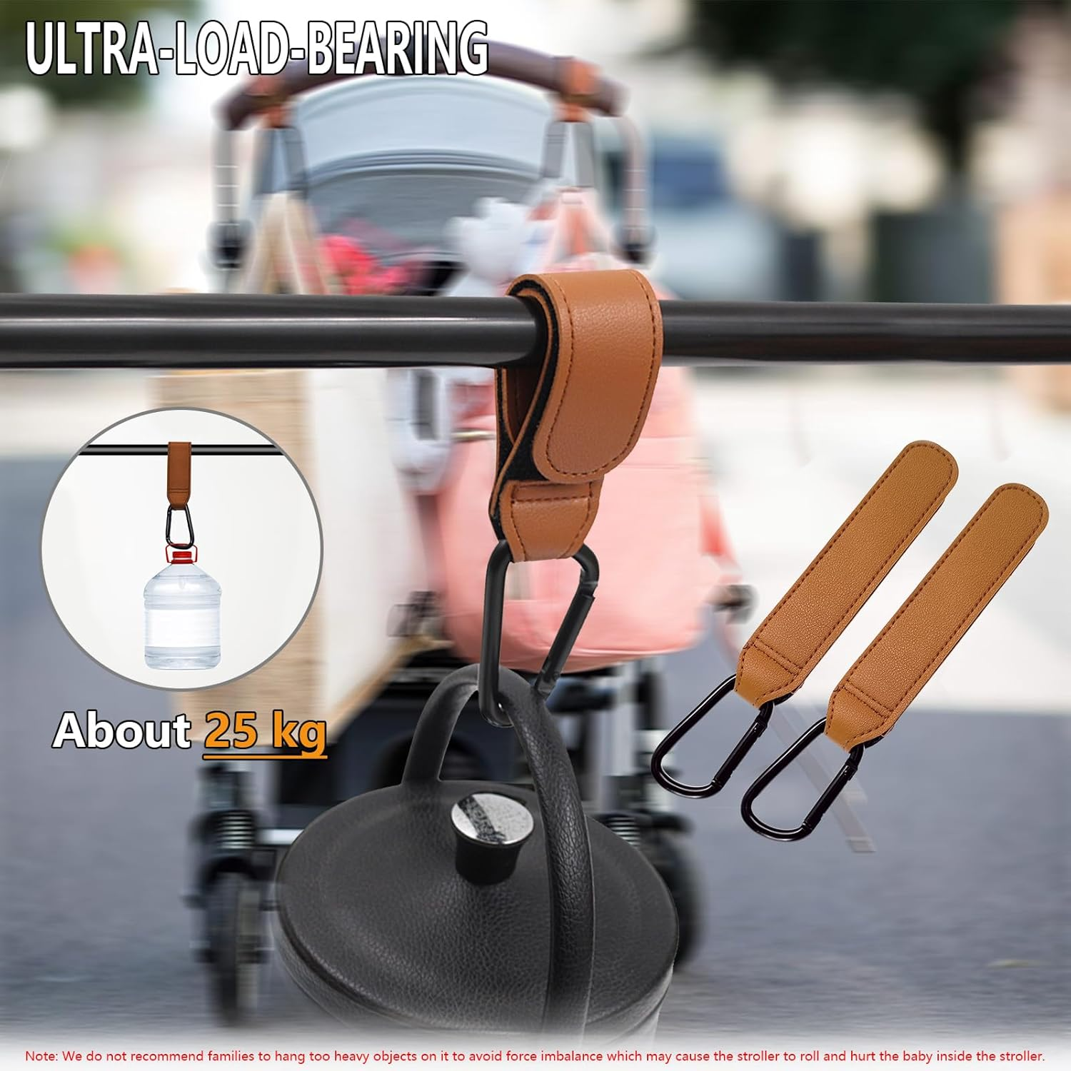 2 Pack Stroller Hooks Durable Leather Style Adjustable Carabiner Clips for Diaper Bags, Grocery Shopping & More Fits Nuna, Uppababy, BOB Strollers, Bikes, Scooters & Wheelchairs - Bra One image number 3