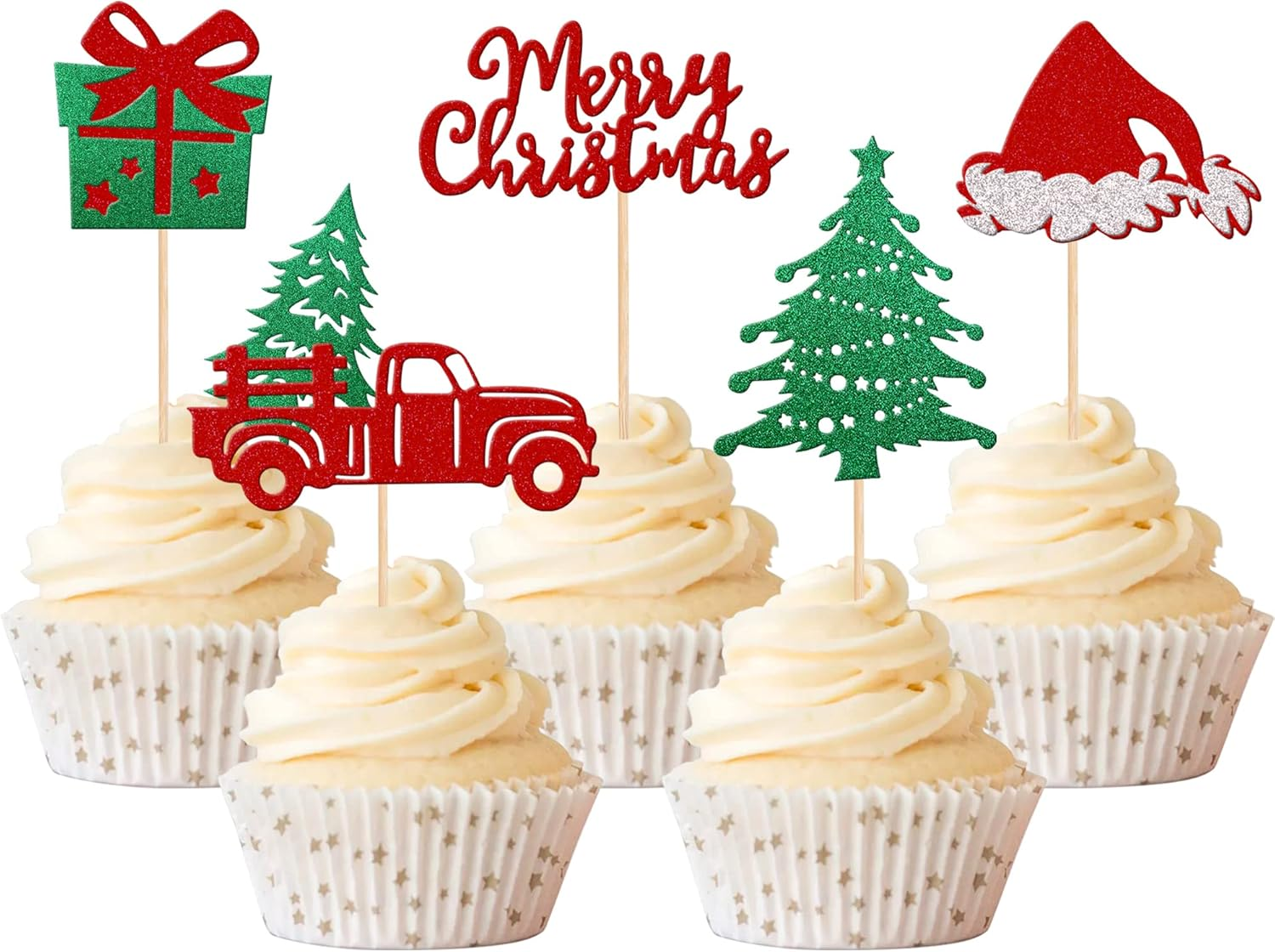 30 Pack Christmas Cupcake Toppers Glitter Christmas Truck Tree Hat Cupcake Picks Gift Box Cake Decorations for Christmas Theme Baby Shower Birthday Merry Christmas Party Supplies image number 4