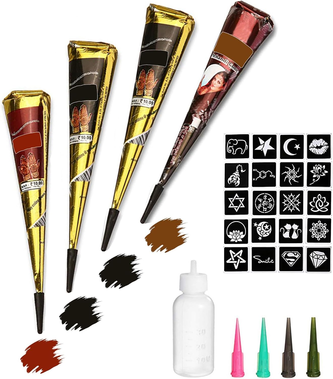 Tattoo Paste Cones, 4Pcs Semi Permanent Temporary Tattoos Kit, India Body DIY Art Painting for Women Men Teen, Summer Trend Freehand Paste with 3 Colors, 20 Adhesive Stencil, 1 Bottle, 4 Nozzles image number 5