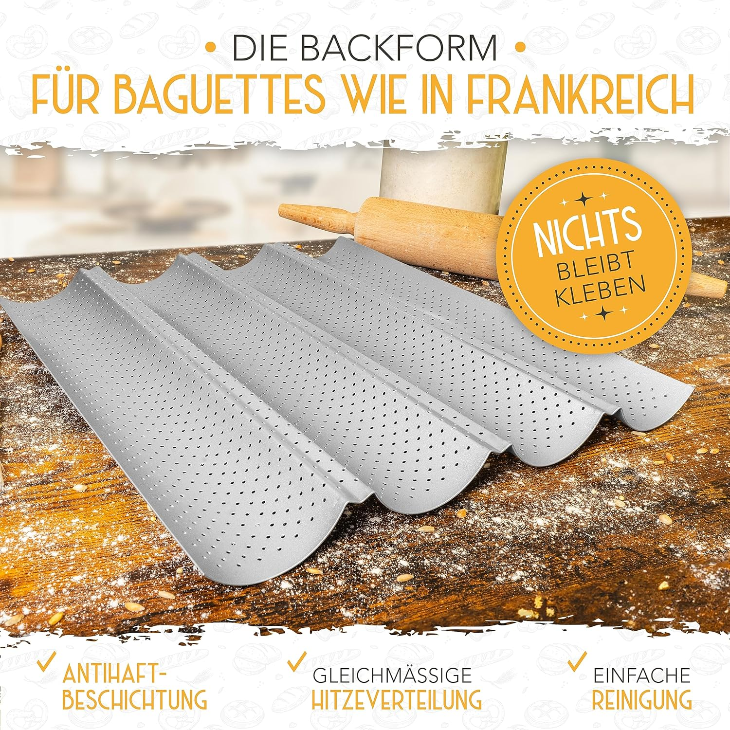 KRUSTENZAUBER Baguette Baking Mould Non-Stick Including Baker'S Lines and Baker'S Knife - 4 Baguette Baking Tray - Ideal as Baguette Tray, Bread Baking Mould, Baguette Tray, Bread Baking Accessories image number 3