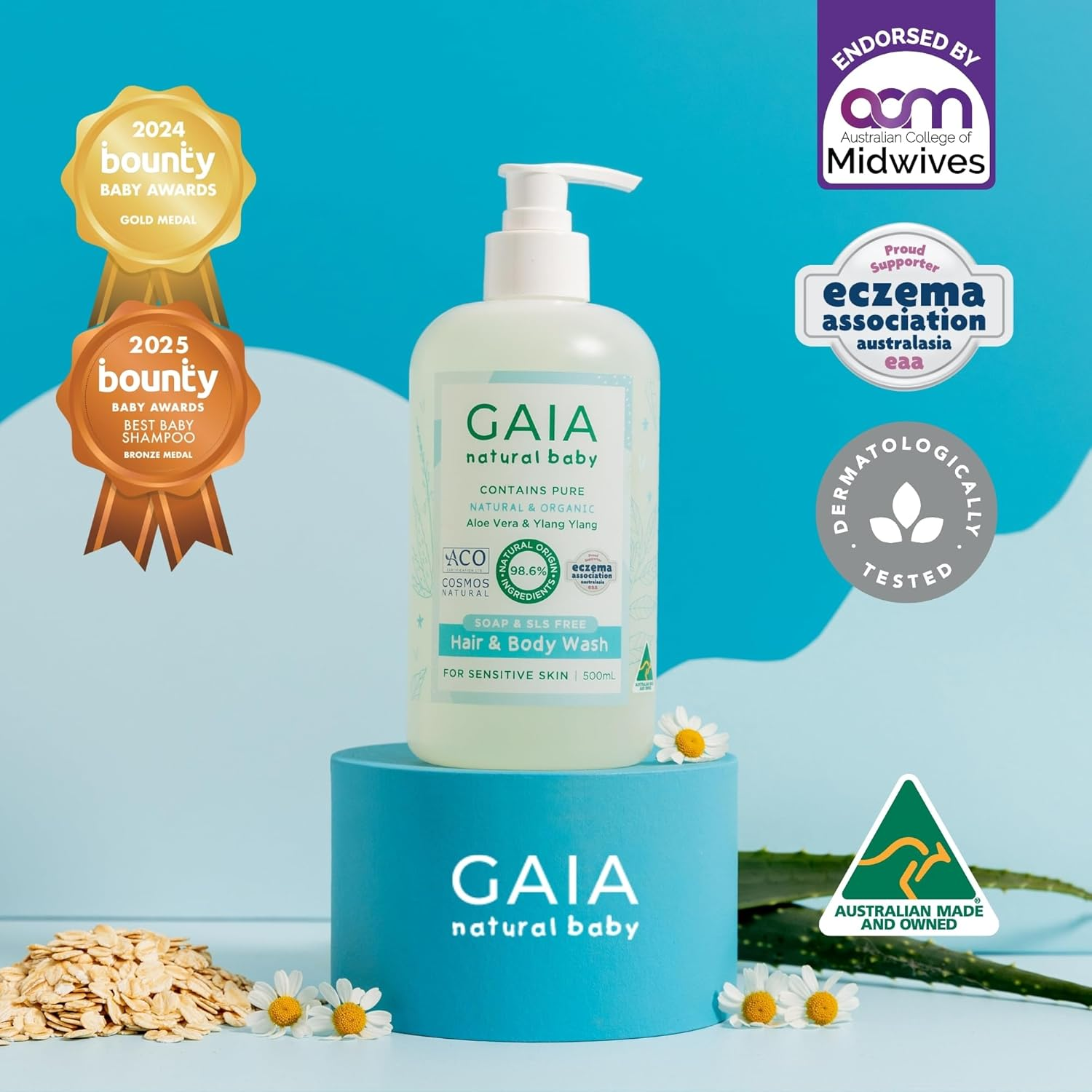 GAIA Natural Baby Hair & Body Wash | Certified Natural | Suitable for Newborns | Sensitive Skin Formula | Organic Aloe Vera | Soap Free | Perfume Free | Gentle Baby Wash | Australian Made | 500Ml