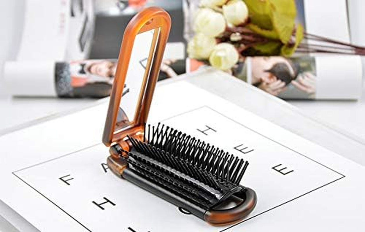 Ancable Folding Hair Brush with Mirror, Folding Pocket Hair Brush, Mini Hair Comb, Compact Travel Size, Hair Massage Comb for Travel Bag, Women and Girls (Amber) image number 4