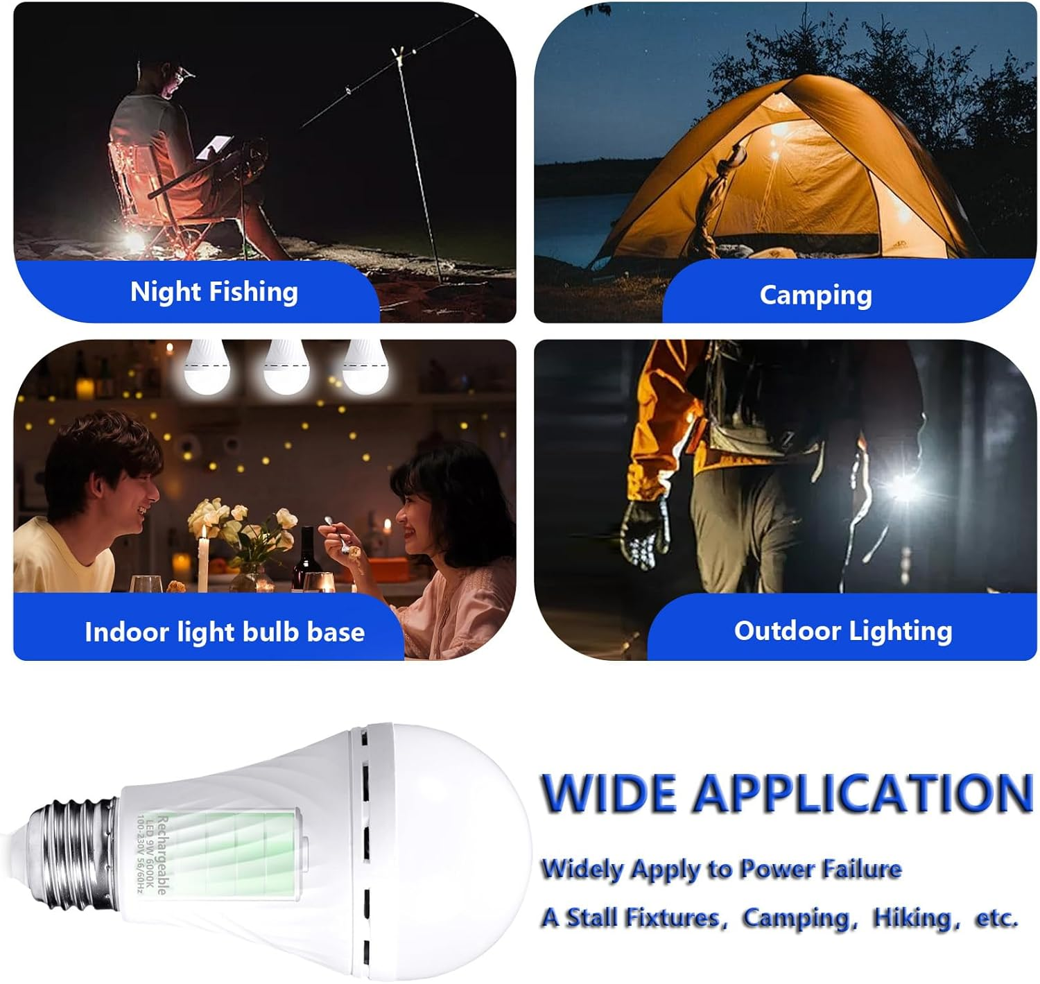 Danyee Emergency Rechargeable Light Bulb 2400Mah 9W 6000K 60W Equivalent LED Light Bulbs (Wihte 2Pack) image number 3