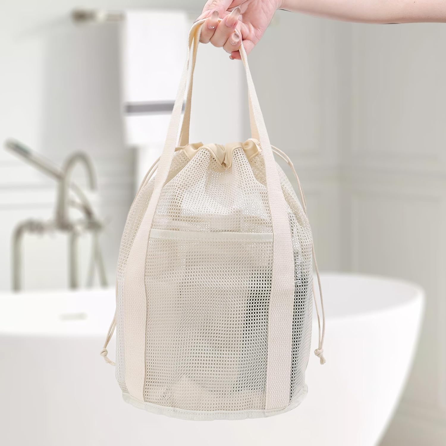 Hanging Bathroom Shower Tote Bag with Drawstring and Side Pockets, 1Pc Quick Dry Mesh Shower Caddy Bag with Handle,Quick Dry Mesh Toiletry Bath Bag for Swimming Gym
