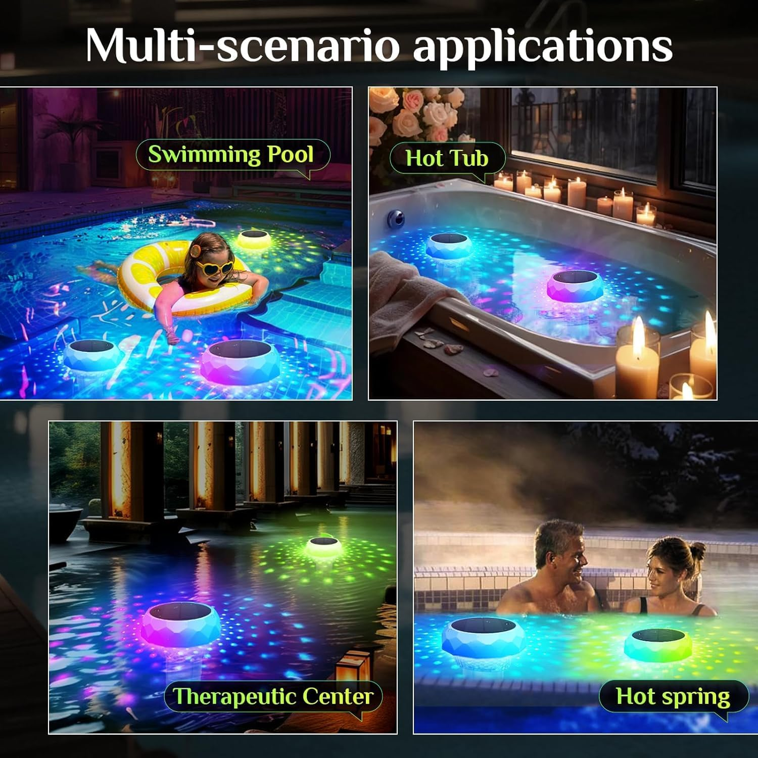 Solar Rechargeable Floating Pool Lights - IP68 Underwater Remote Control LED with Colorful Light Show & Timer, Solar Powered Waterproof Light for Inground Pool,Bathroom, Bathtub, Pool Party image number 6