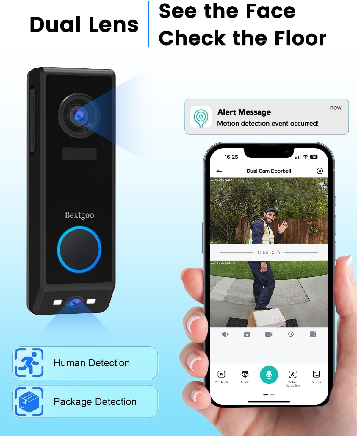 Dual-Lens Doorbell Camera Wireless, Bextgoo 2K Video Doorbell with 10000Mah Battery, Dual Security Cameras for AI Motion Detection Alerts, 170&deg; Wide View, Cable or Battery Operated, Night Vision, IP67 image number 1