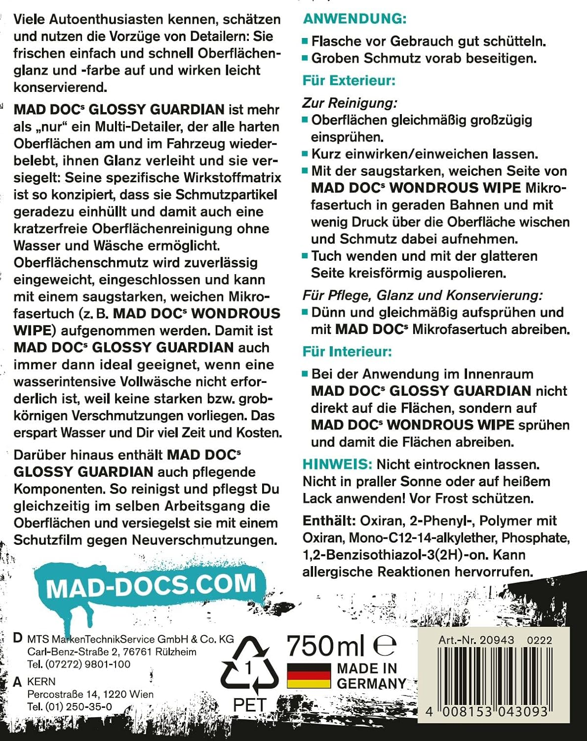 NIGRIN MAD Docs Detailer Waterless Wash 'N Wax, Cleaning, Care and Preservation, for Indoor and Outdoor Use, Waterless Cleaning, 0.75 Litre, White image number 1