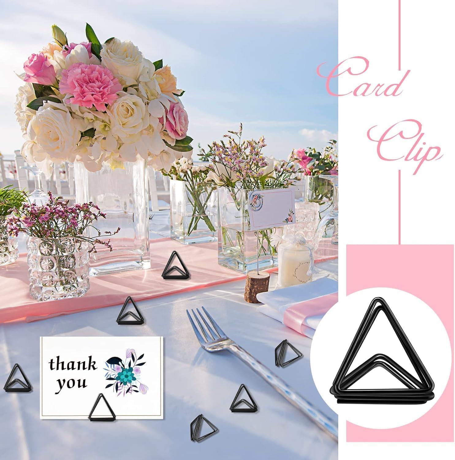 60 Pieces Place Card Holder Wedding Table Number Holder Triangle Shape Table Card Holder Photo Picture Holder Stand Clip for Wedding Party Baby Shower, Suitable for Small Card(Black) image number 5