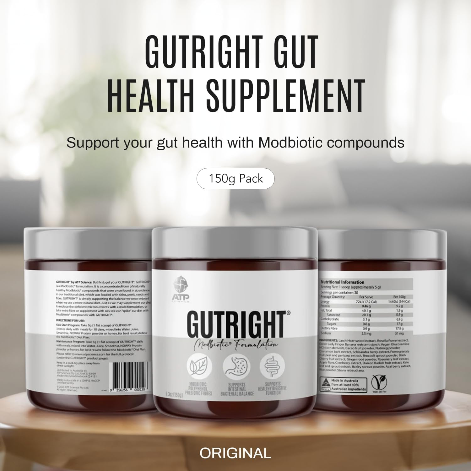 ATP Science Gutright&reg; Gut Health Supplement, Modbiotic & Polyphenol Compounds for Better Gut Health, Digestion & Digestive Support, Weight Management and More, Plant-Based, Non-Gmo, Fibre, 150G image number 1