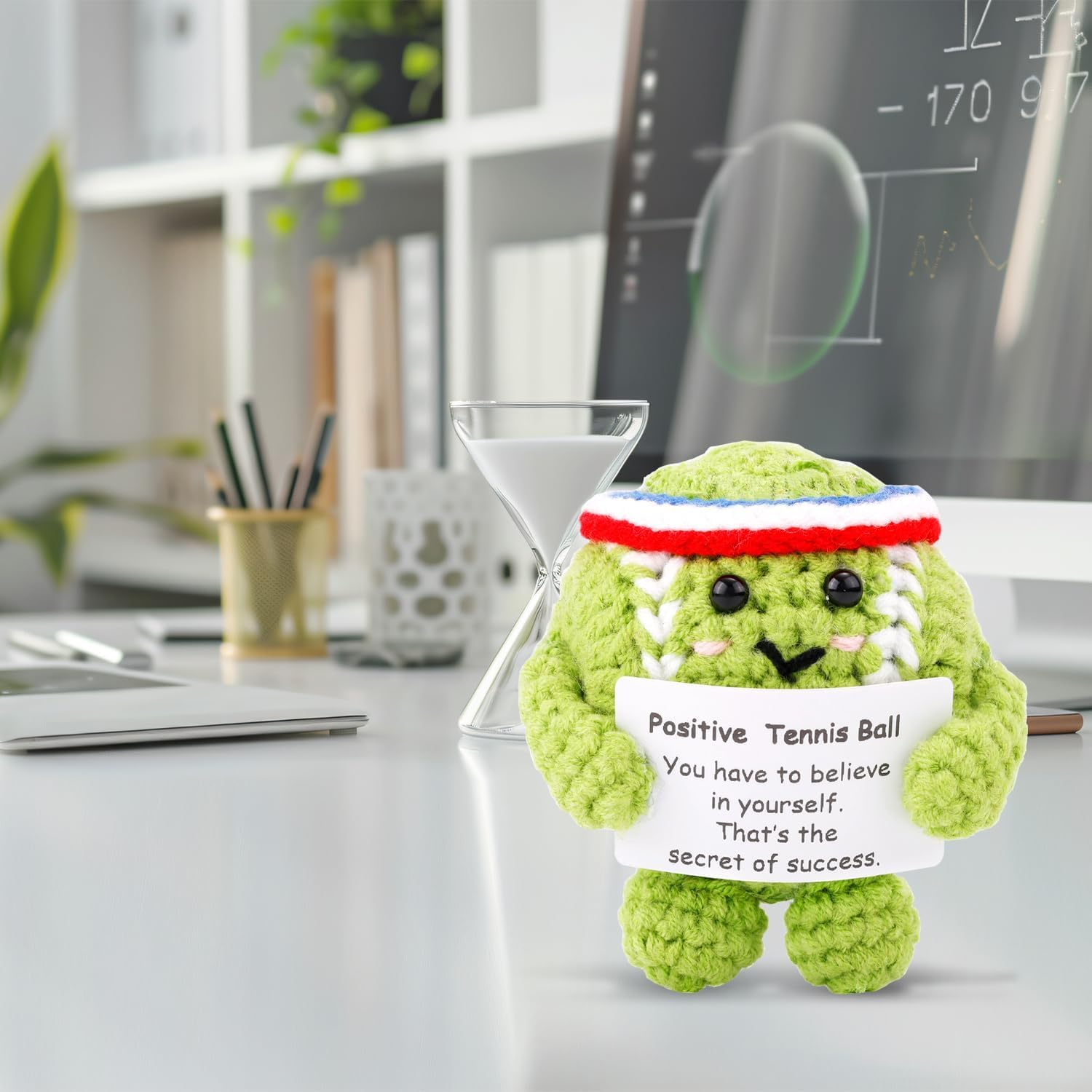 Positive Tennis Ball, Cute Funny Crochet Inspirational Tennis Ball Positive Knitted Animal Doll Crochet Toy with Positive Card for Sports Lover Friends Party Decorations image number 6