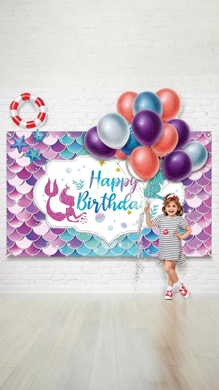 Honwor Mermaid Happy Birthday Backdrop Banner - under the Sea Princess Party Decor, Reusable, Indoor/Outdoor & Car Party Theme, Vibrant Colors, Easy Setup & Cleanup, for Kids & Teens image number 5