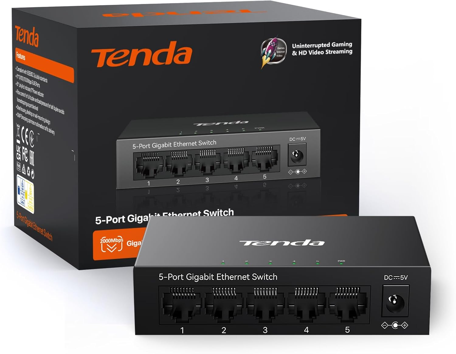 Tenda 5 Port Gigabit Ethernet Switch, Desktop Ethernet Splitter, Unmanaged Network Switch Hub, Plug & Play, Wall-Mount, Fanless Quiet, Metal Design, Traffic Optimization (TEG1005M) image number 2