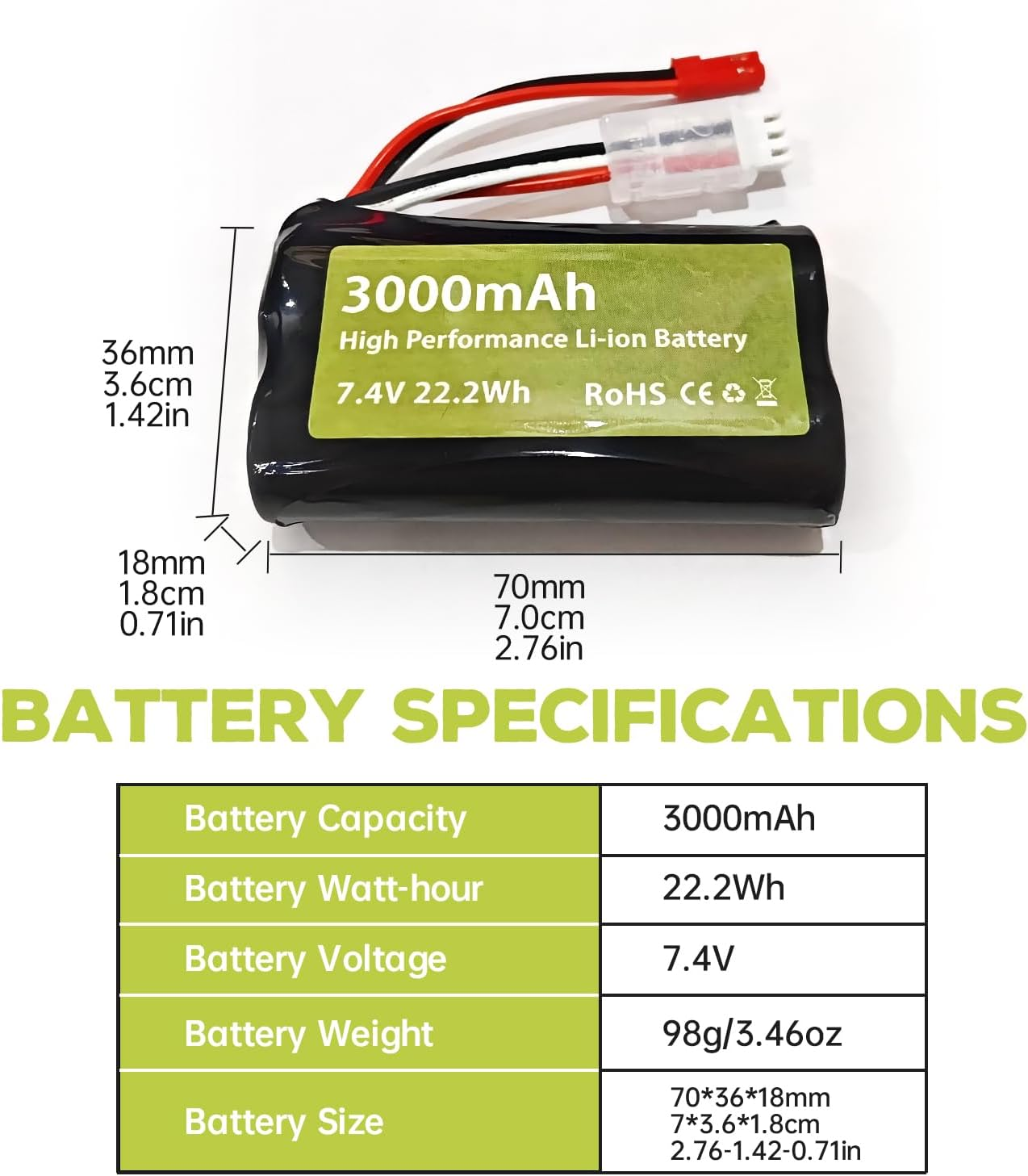Fytoo 2PCS 7.4V 3000Mah 15C 2S Li Ion Battery with JST-2P Plug and 2In1 Charger for UDIRC UD1601 UD1602 SG1603 RC Car 1/10, 1/12, 1/16 Ratio RC Car Truck RC Ship Drone Engineering Vehicle Battery image number 5