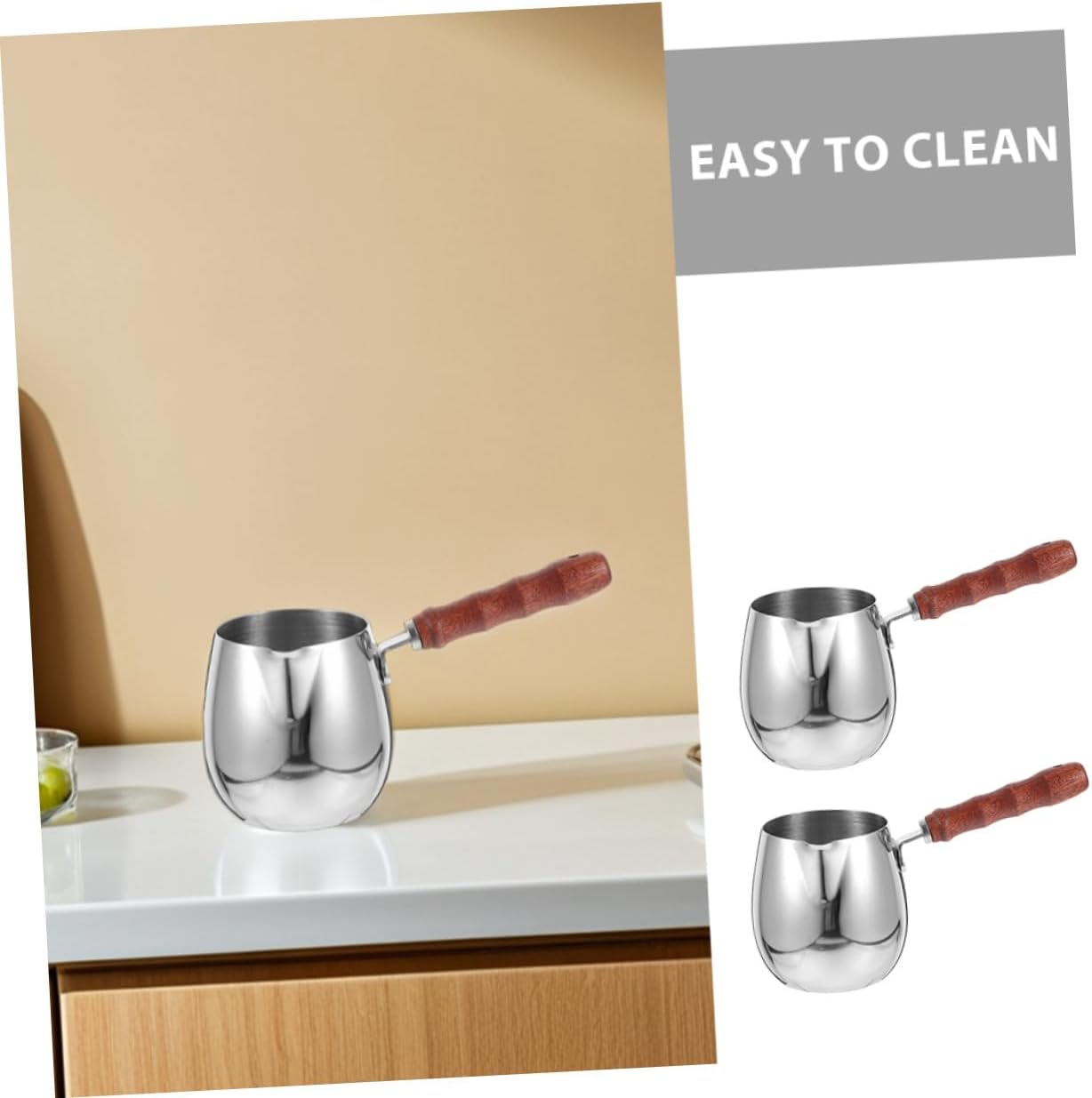 SEWACC 2Pcs Stainless Steel Turkish Coffee Pot with Wooden Handle 300Ml, Milk Warmer and Espresso Pot for Household and Camping Use, Small Coffee and Butter Melting Kettle image number 5