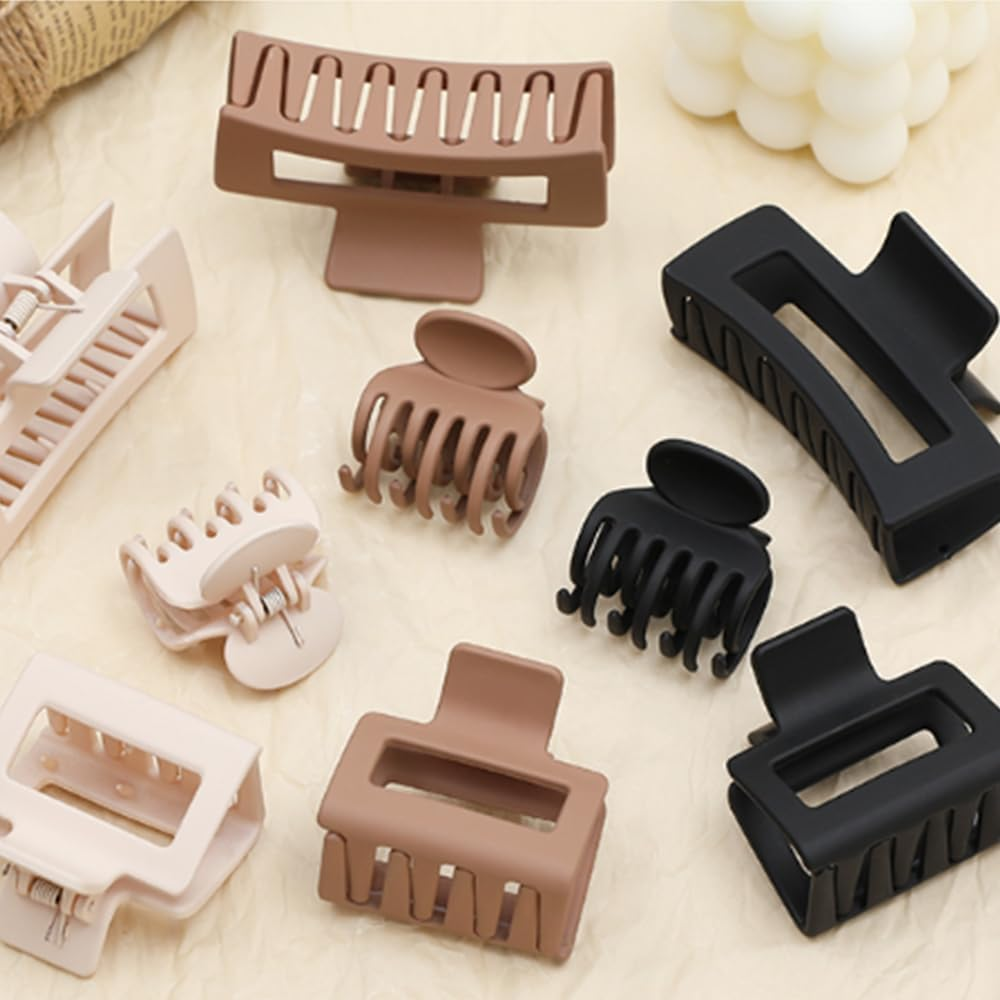 Medium Hair Claw Clips Set for Women Girls - 3 Styles, 9Pcs Rectangle Square and Double Row Teeth Hair Clips for Thick Thin Hair - Nonslip Jaw Clips (Beige, Brown, Black) image number 5