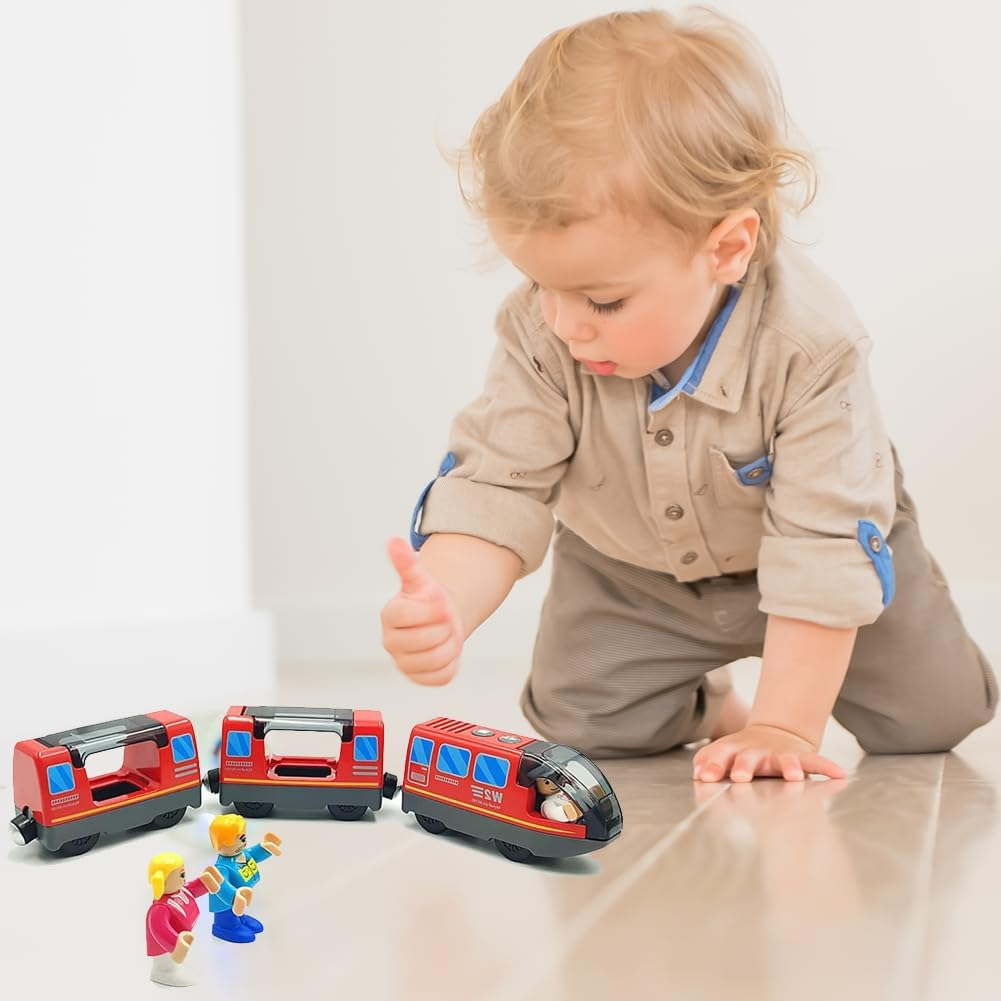 TOPLIVING Battery Operated Wooden Train Rail Set Toys for Toddlers Age 3 to 4 Years Boys Kids Magnetic Couplings City Vehicle with Figures image number 3