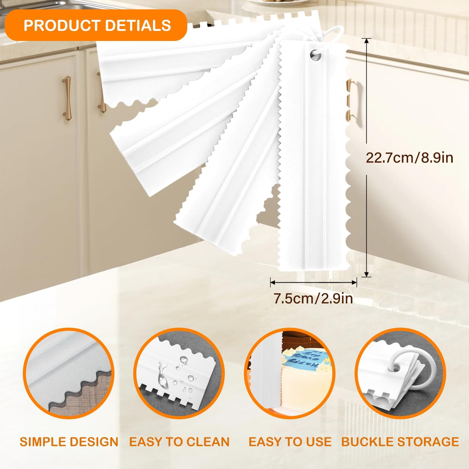 EKIND Cake Scraper Set Double Sided Icing Smoother Long Edge Buttercream Spatula Comb for Decorating Mousse Pastry Tools Baking Supplies(4 Pcs White)