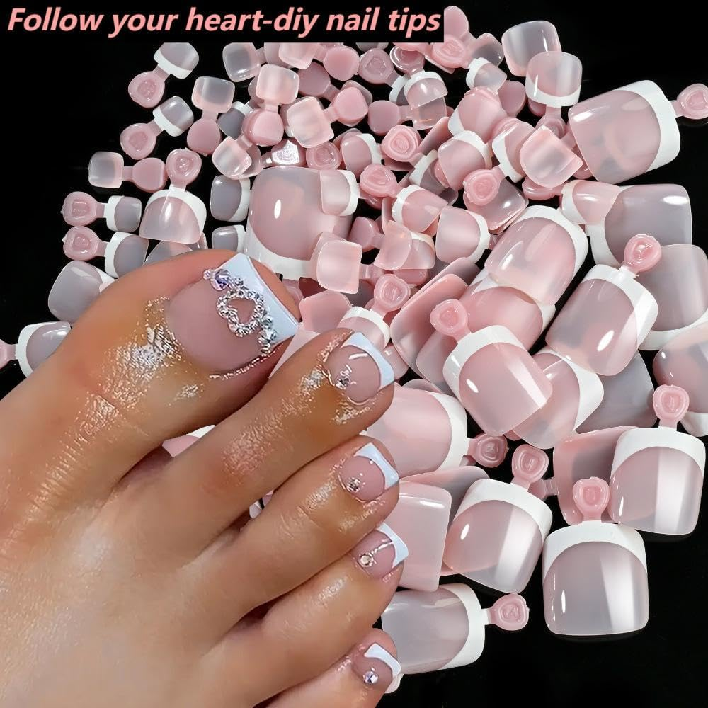 120 Pcs White Edge Pink Fals Toenails - Pink Full Cover False Nails Short Square Shape, Odourless Gel Toe Nail Covers for Women (Natural Look Pedicure Essentials)