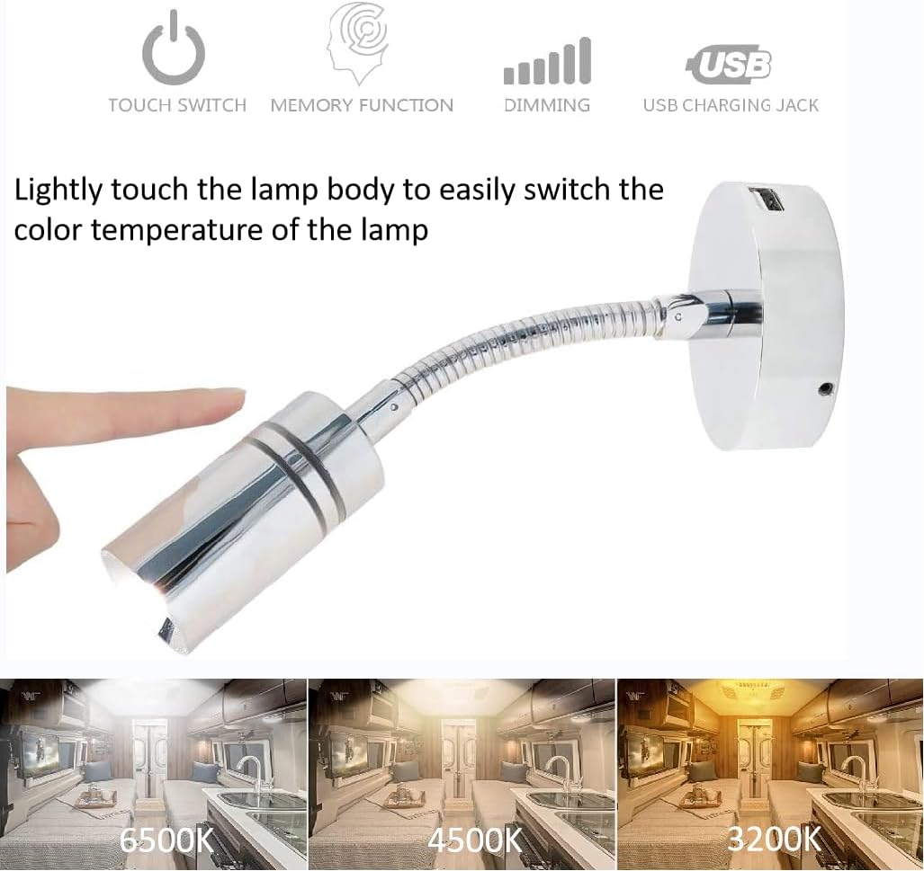 12V/24V RV Boat Reading Lamp, 3 Color Temperature Touch Dimming Bedside Reading Light with 5V/2A USB Charger Flexible Gooseneck Wall Light for RV Travel Trailer Truck Boat Interior Lighting (2PACK)